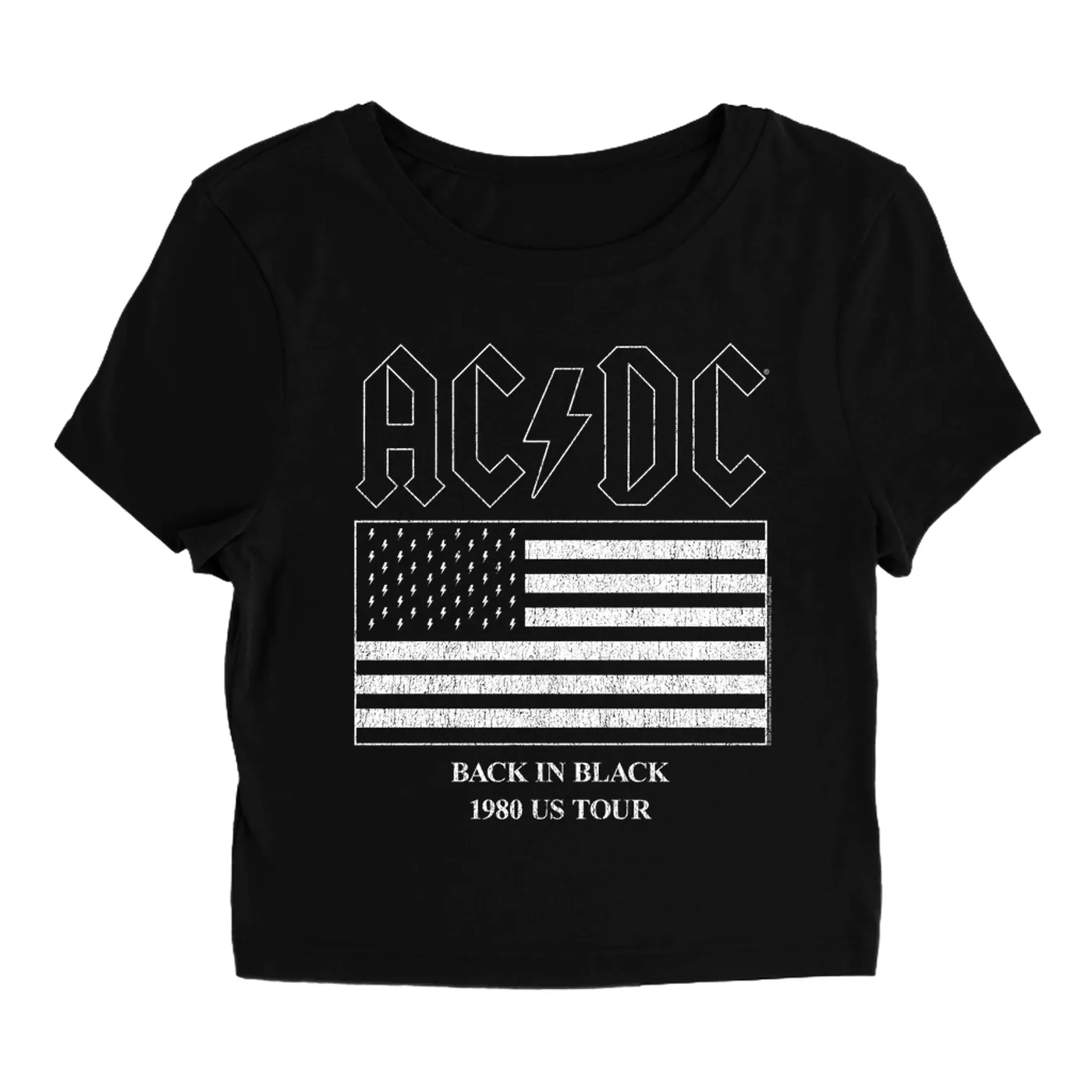 AC/DC Women's T-Shirt | Back In Black Flag Tour 1980 Distressed ACDC Baby Tee