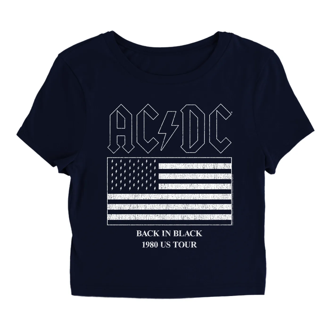 AC/DC Women's T-Shirt | Back In Black Flag Tour 1980 Distressed ACDC Baby Tee