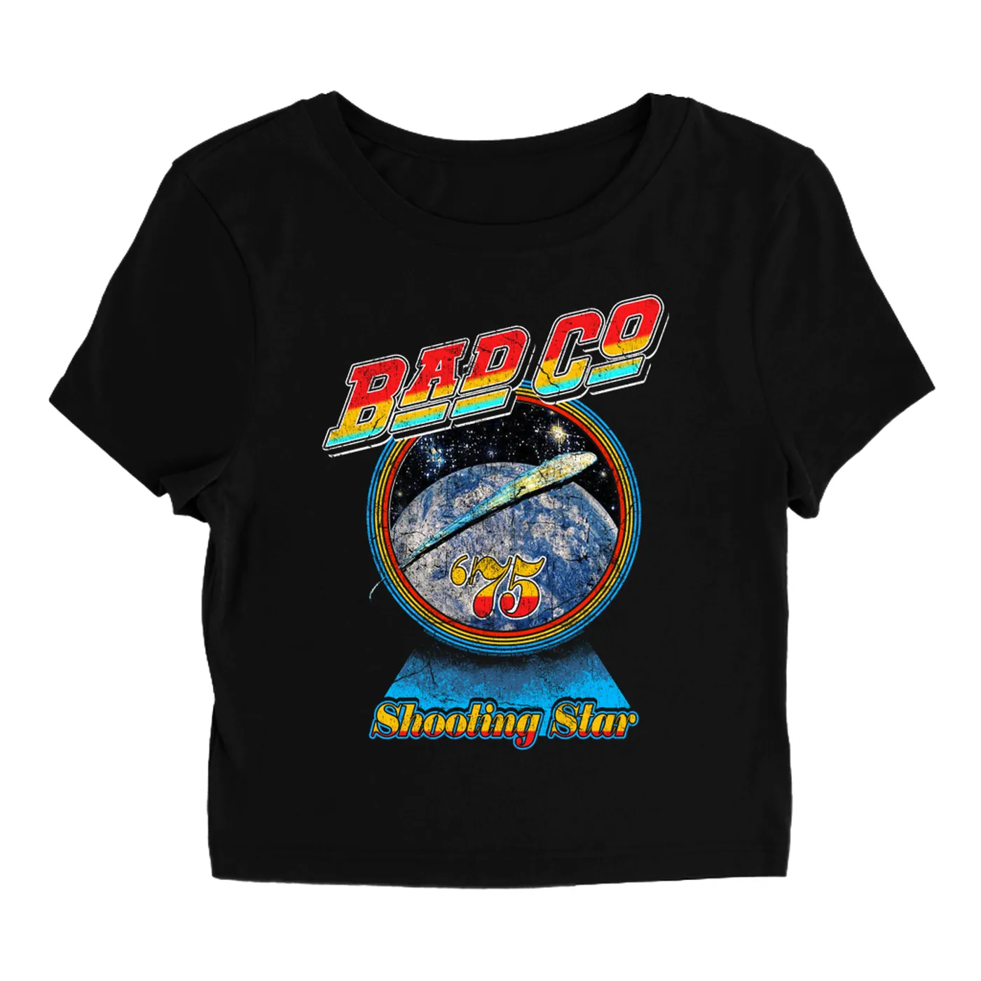 Bad Company Women's T-Shirt | 75 Shooting Star Orbit Distressed Bad Company Baby Tee