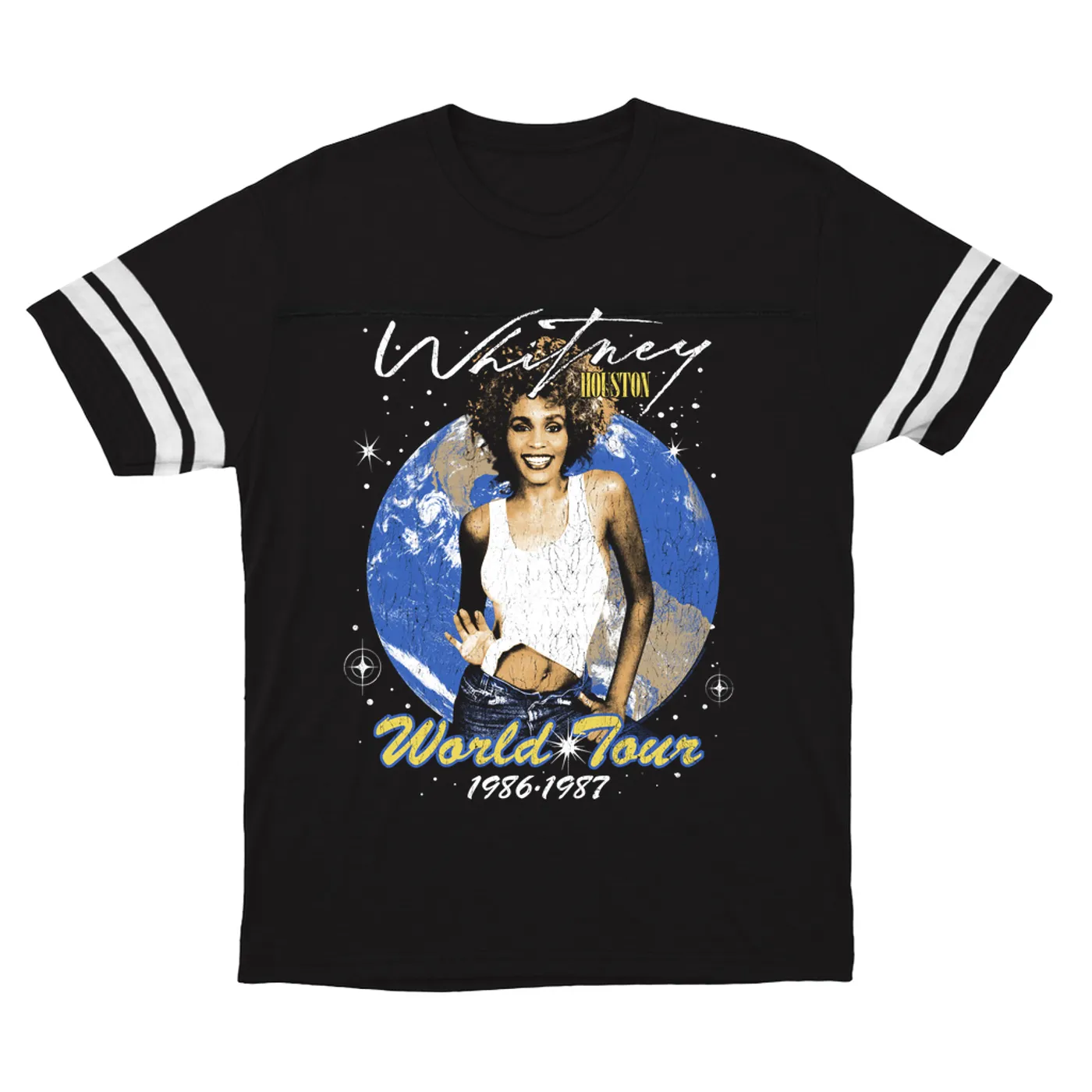 Whitney Houston T-Shirt | World Tour 1986-1987 Distressed Whitney Houston Football Shirt