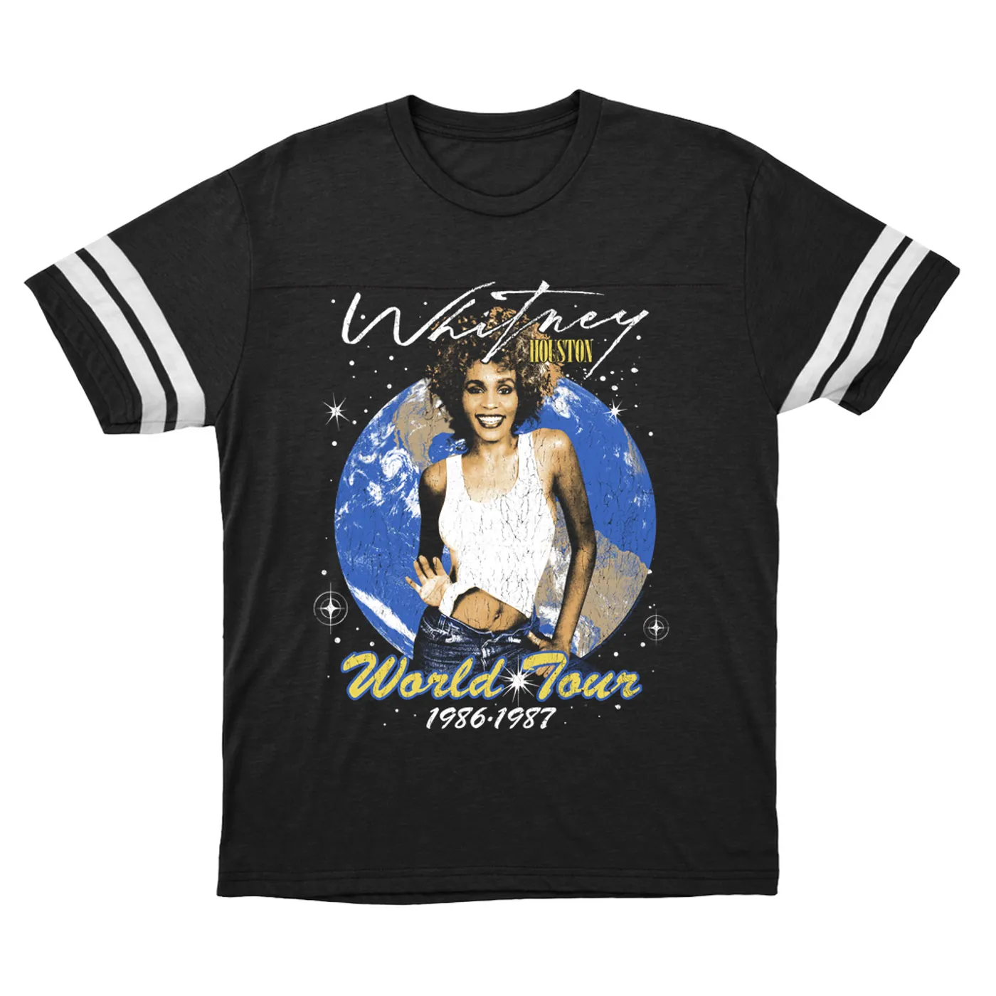 Whitney Houston T-Shirt | World Tour 1986-1987 Distressed Whitney Houston Football Shirt