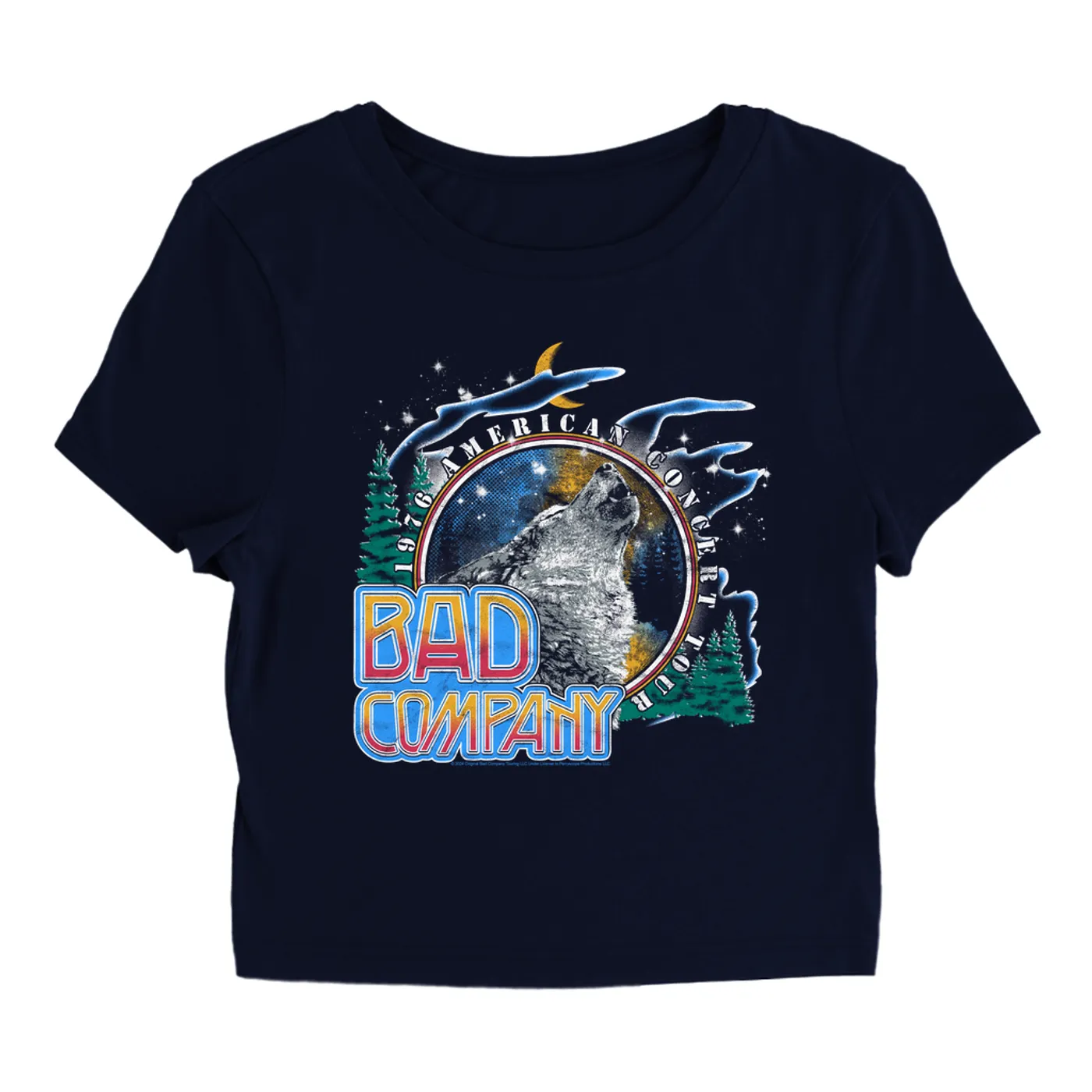 Bad Company Women's T-Shirt | 1976 American Concert Tour Wolf Pack Design (Merchbar Exclusive) Bad Company Baby Tee