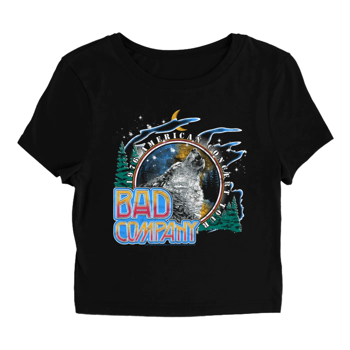 Bad Company Women's T-Shirt | 1976 American Concert Tour Wolf Pack Design (Merchbar Exclusive) Bad Company Baby Tee
