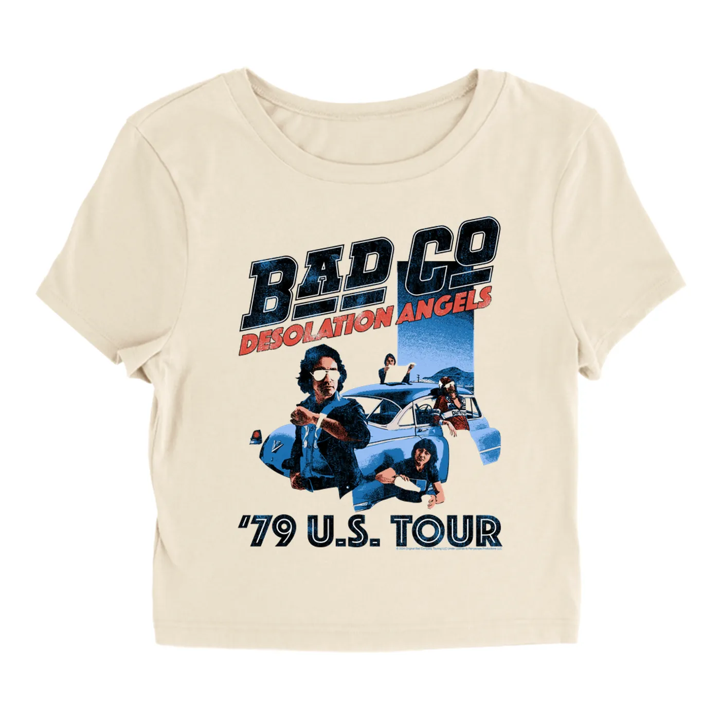 Bad Company Women's T-Shirt | Desolation Angels '79 US Tour Design Distressed Bad Company Baby Tee