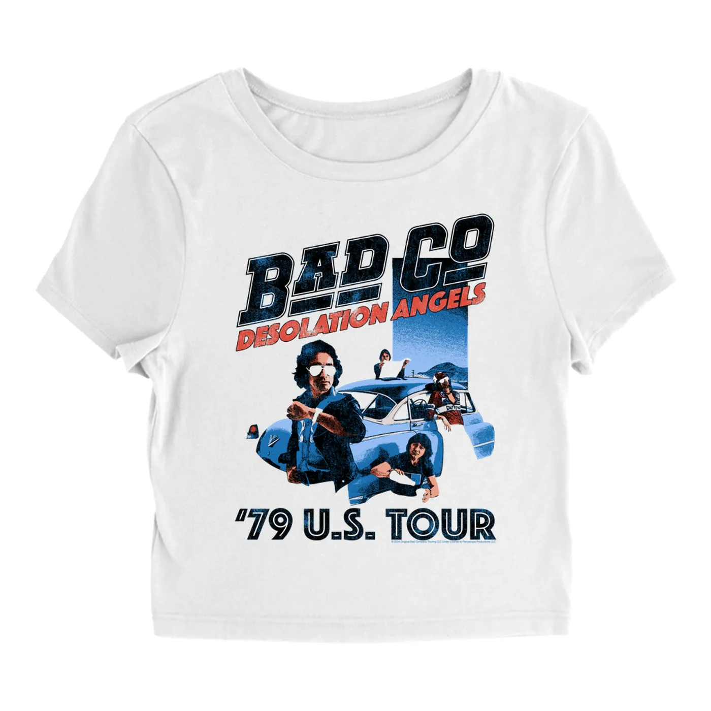 Bad Company Women's T-Shirt | Desolation Angels '79 US Tour Design Distressed Bad Company Baby Tee