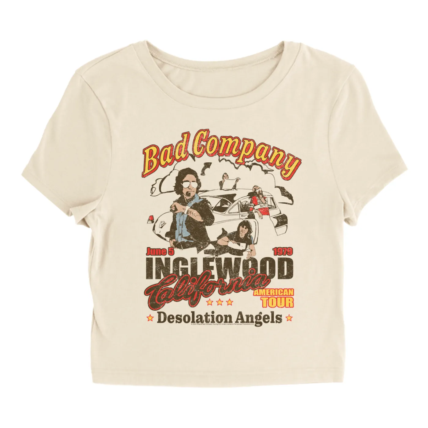 Bad Company Women's T-Shirt | Inglewood CA Desolation Angels '79 US Tour Distressed (Merchbar Exclusive) Bad Company Baby Tee