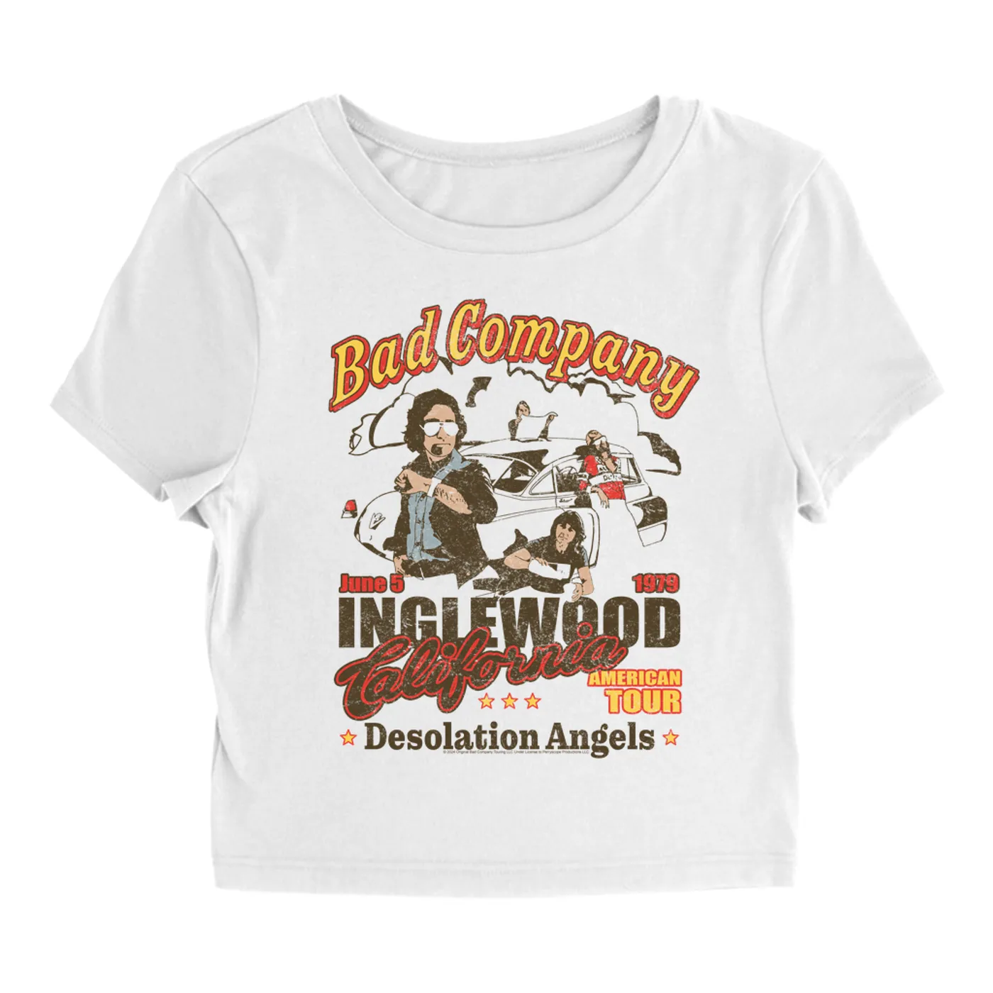 Bad Company Women's T-Shirt | Inglewood CA Desolation Angels '79 US Tour Distressed (Merchbar Exclusive) Bad Company Baby Tee