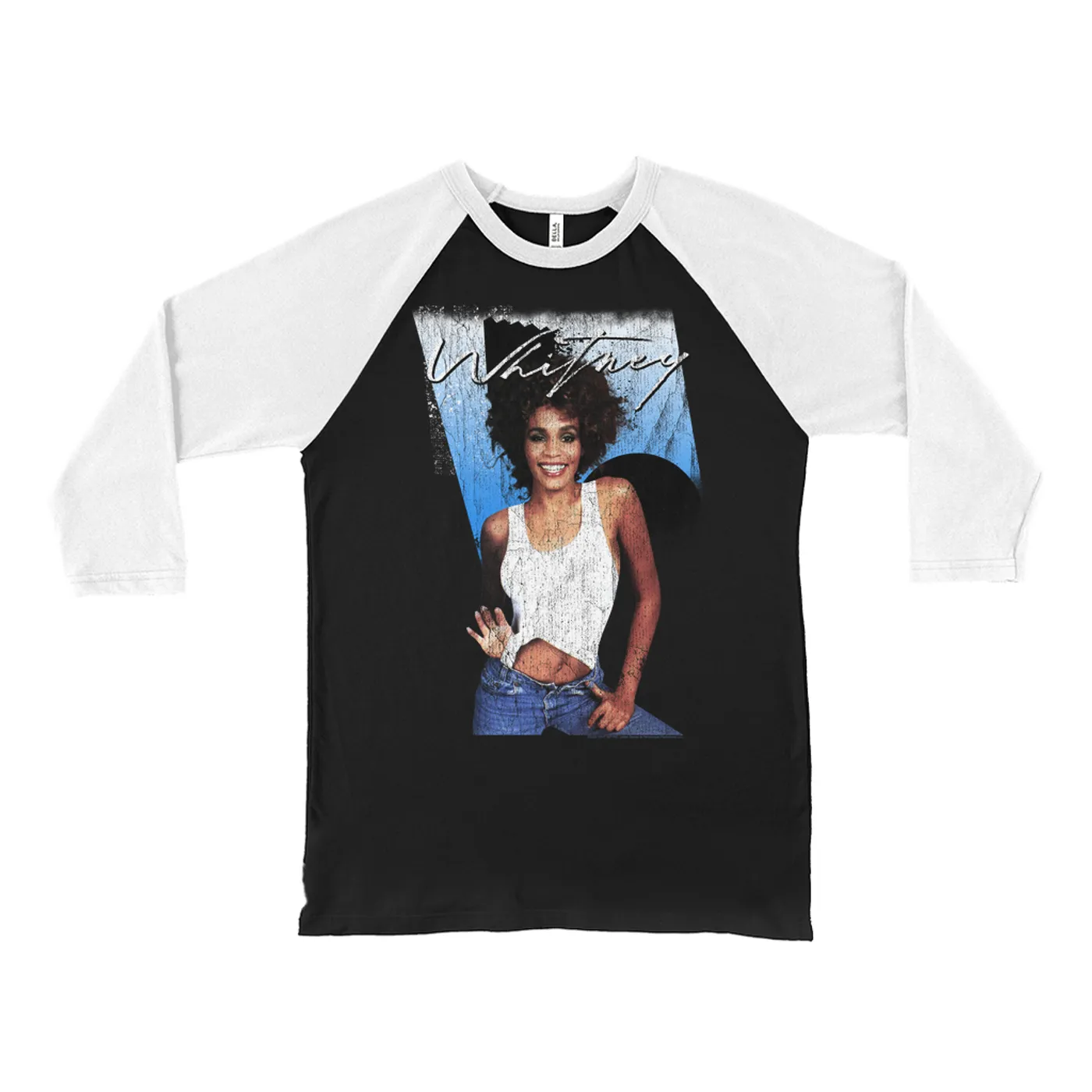 Whitney Houston 3/4 Sleeve Baseball Tee | I Wanna Dance With Somebody Album Art Design Distressed Whitney Houston Shirt