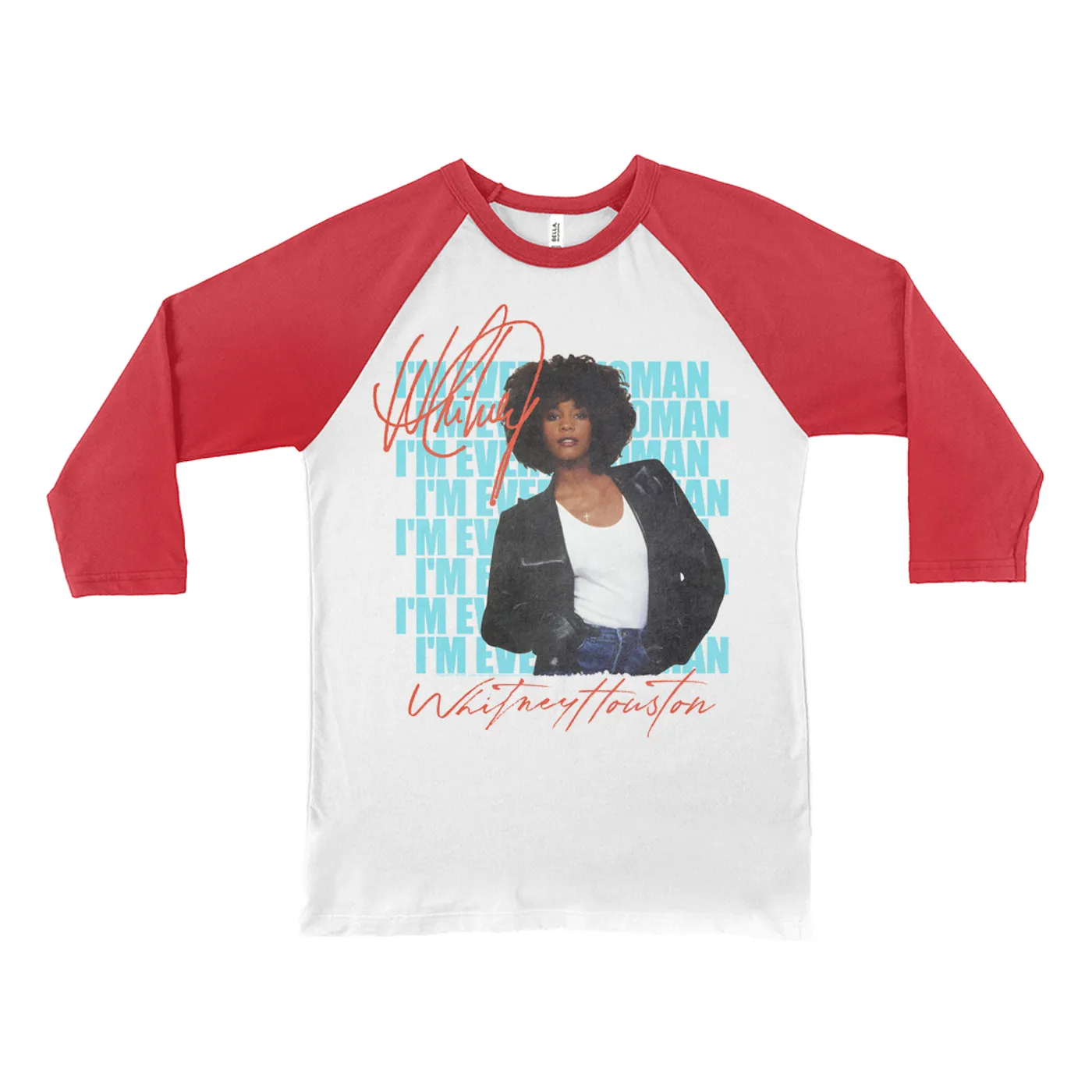 Whitney Houston 3/4 Sleeve Baseball Tee | I'm Every Woman Red Turquoise Image (Merchbar Exclusive) Whitney Houston Shirt