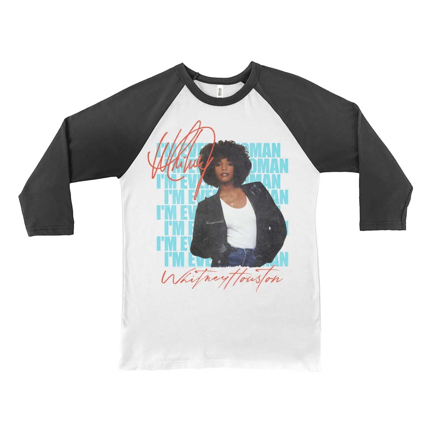 Whitney Houston 3/4 Sleeve Baseball Tee | I'm Every Woman Red Turquoise Image (Merchbar Exclusive) Whitney Houston Shirt