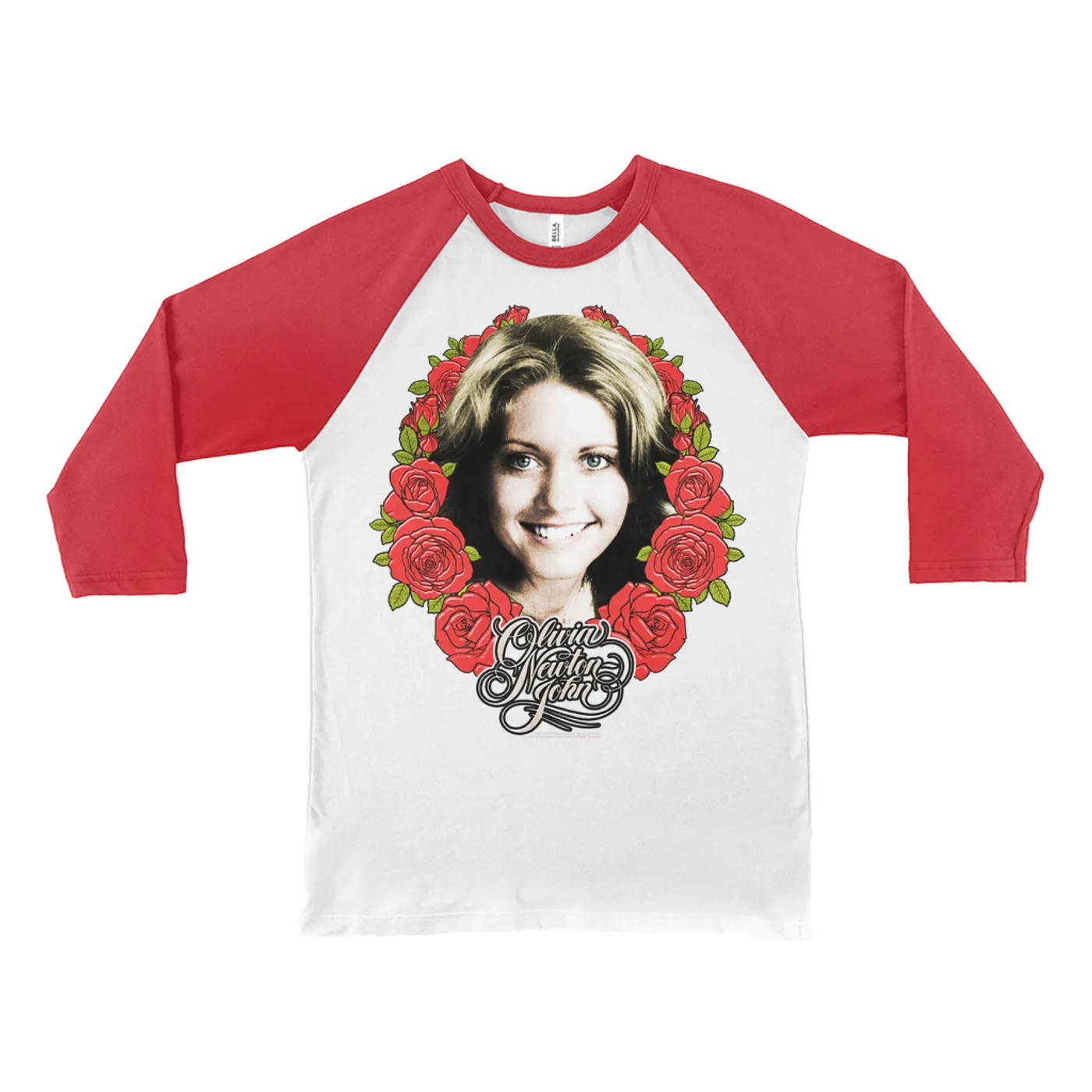 Olivia Newton-John 3/4 Sleeve Baseball Tee | Rose Crest Tribute Design (Merchbar Exclusive) Olivia Newton John Shirt