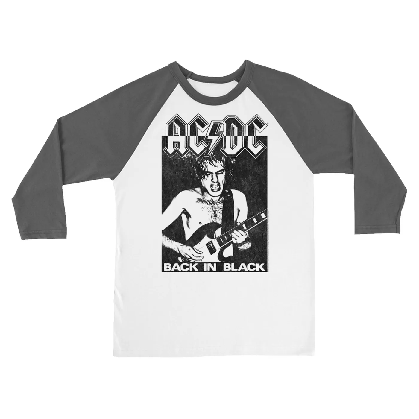 AC/DC 3/4 Sleeve Baseball Tee | Contrasting Back In Black Distressed (Merchbar Exclusive) ACDC Shirt