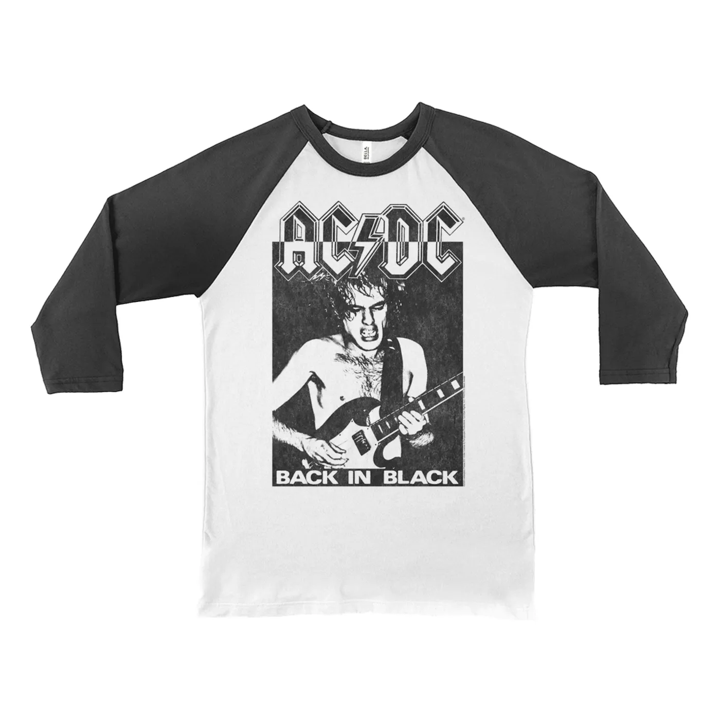 AC/DC 3/4 Sleeve Baseball Tee | Contrasting Back In Black Distressed (Merchbar Exclusive) ACDC Shirt