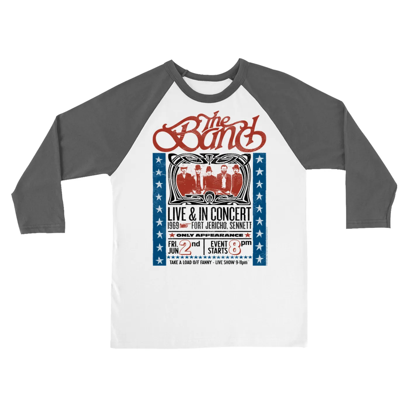 The Band 3/4 Sleeve Baseball Tee | Live 1969 Fort Jericho Concert Distressed The Band Shirt
