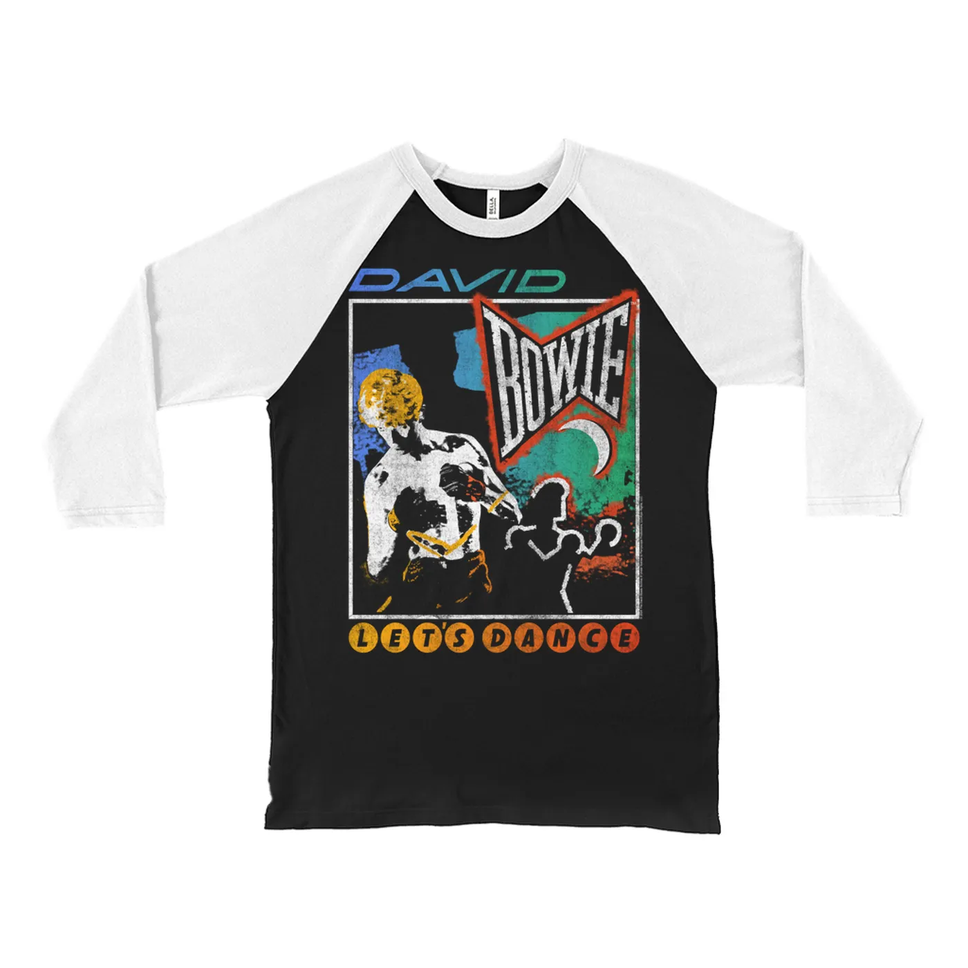 David Bowie 3/4 Sleeve Baseball Tee | Retro Colorful Ombre Let's Dance Album Design Distressed (Merchbar Exclusive) David Bowie Shirt