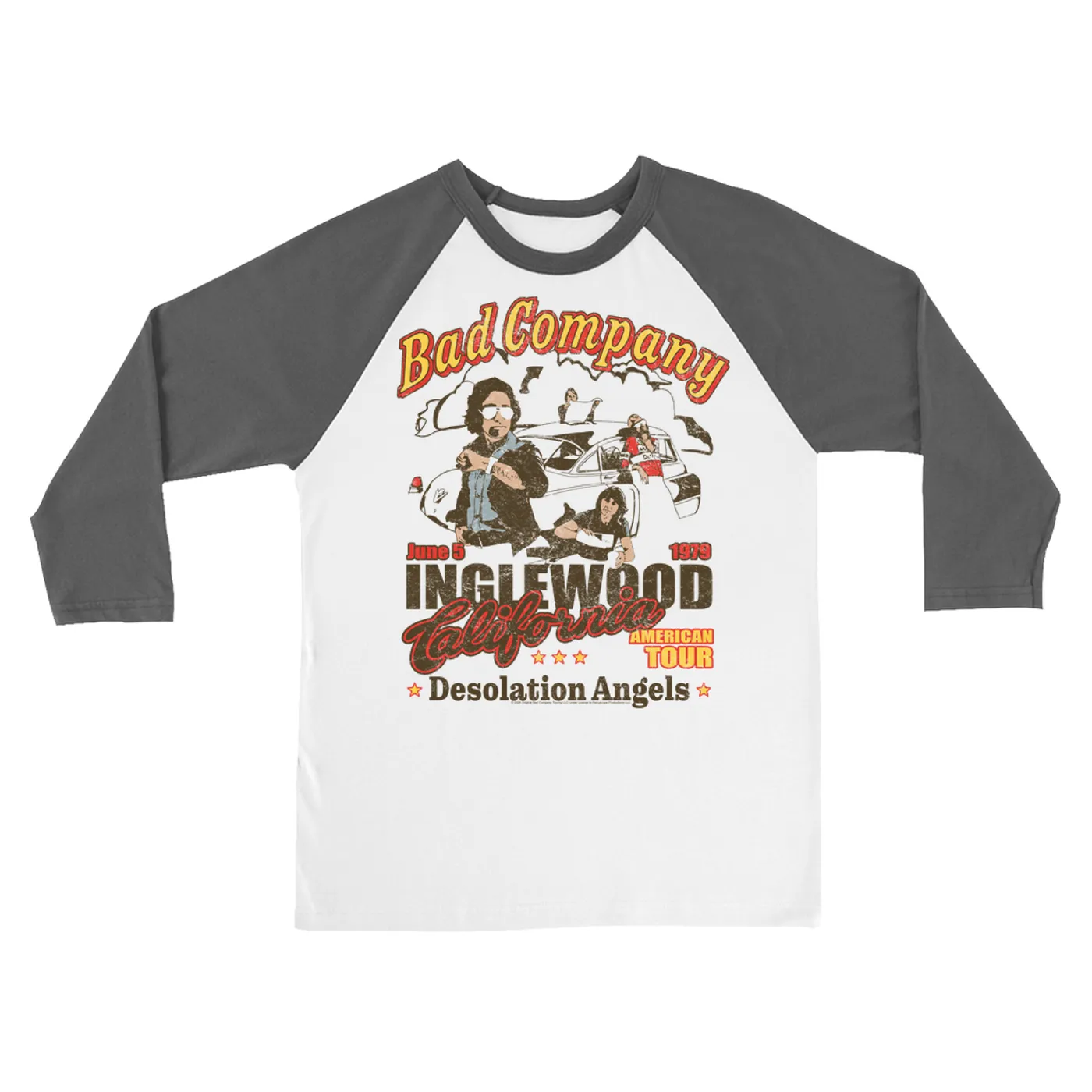 Bad Company 3/4 Sleeve Baseball Tee | Inglewood CA Desolation Angels '79 US Tour Distressed (Merchbar Exclusive) Bad Company Shirt
