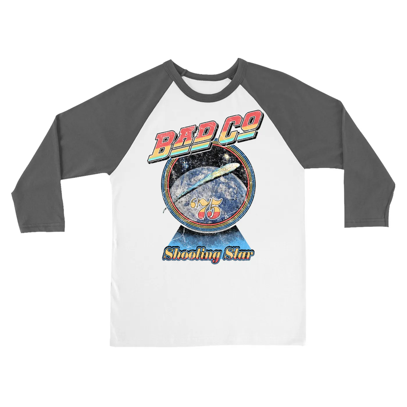 Bad Company 3/4 Sleeve Baseball Tee | 1975 Shooting Star Image Distressed Bad Company Shirt