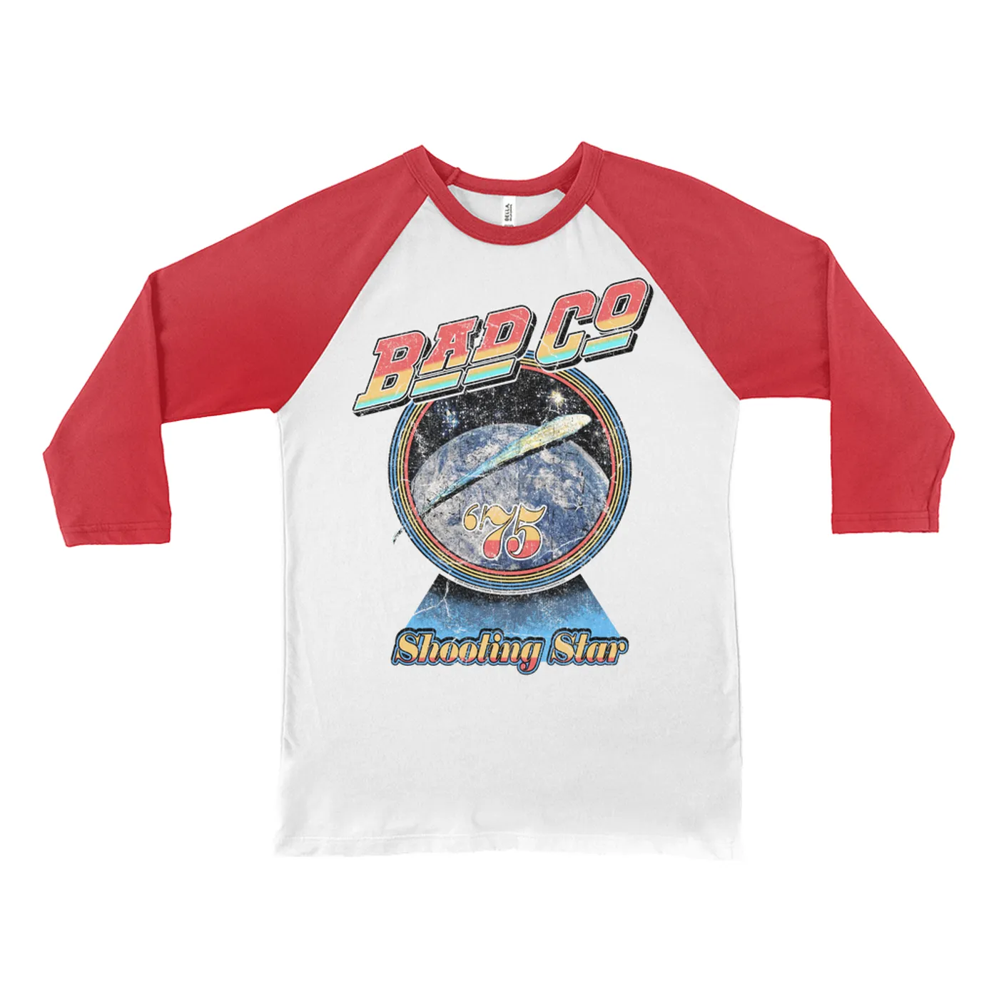 Bad Company 3/4 Sleeve Baseball Tee | 1975 Shooting Star Image Distressed Bad Company Shirt