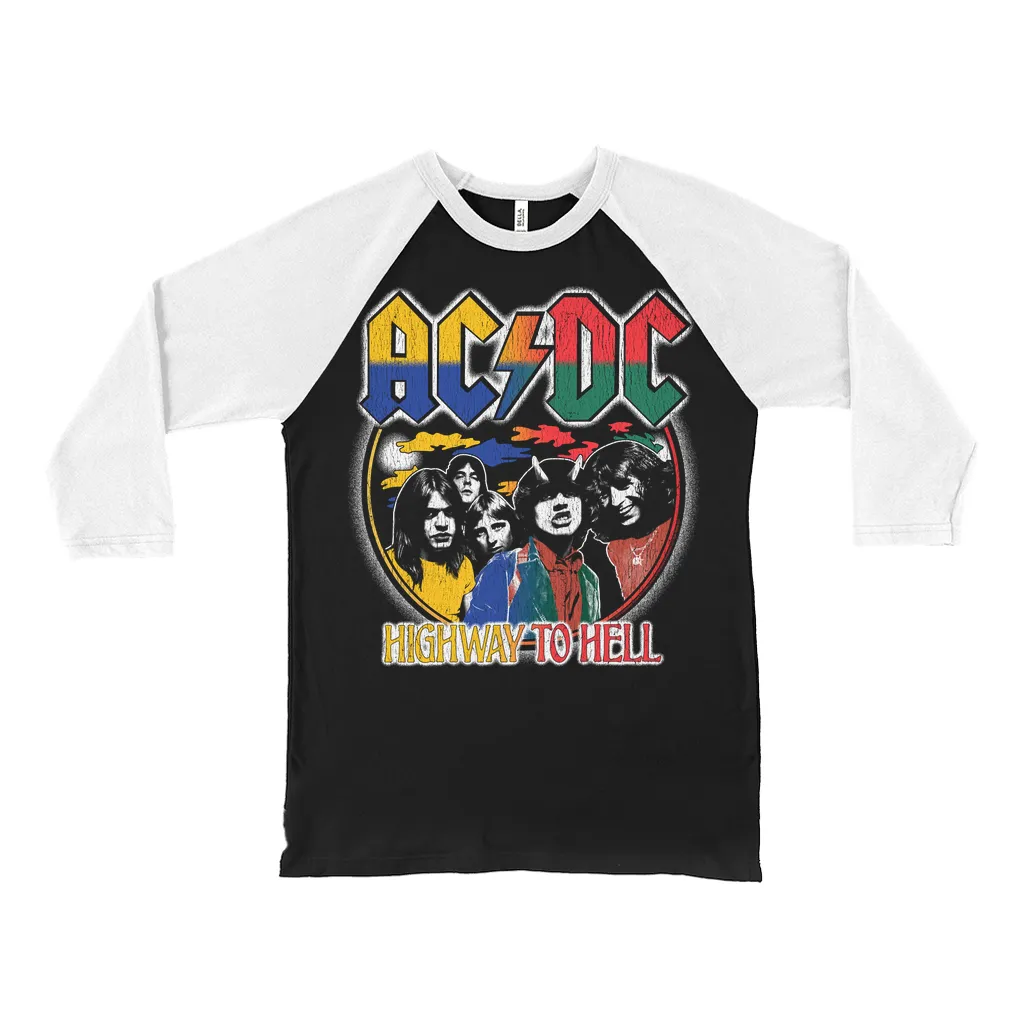 3/4 Sleeve Baseball Tee | Colorful Ombre Retro Highway To Hell Distressed Shirt