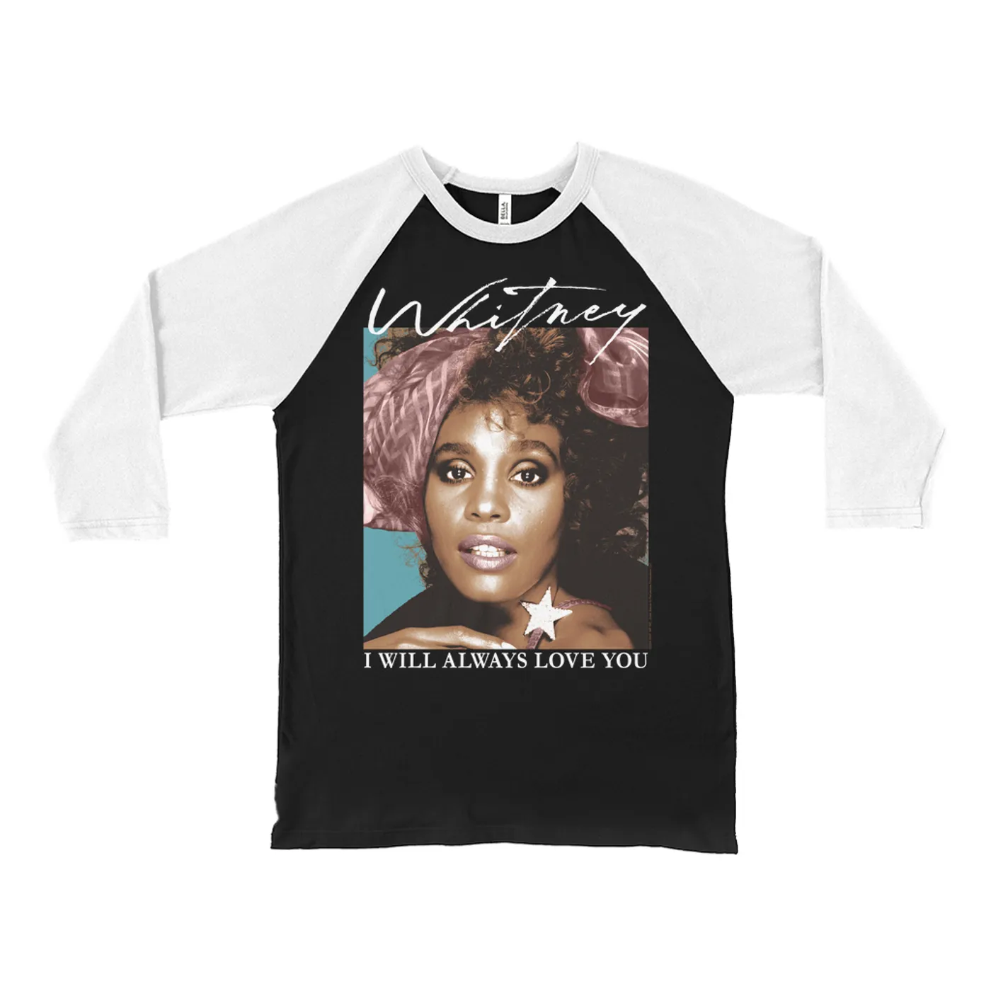 Whitney Houston 3/4 Sleeve Baseball Tee | 1987 Whitney Pastel Image Distressed Whitney Houston Shirt