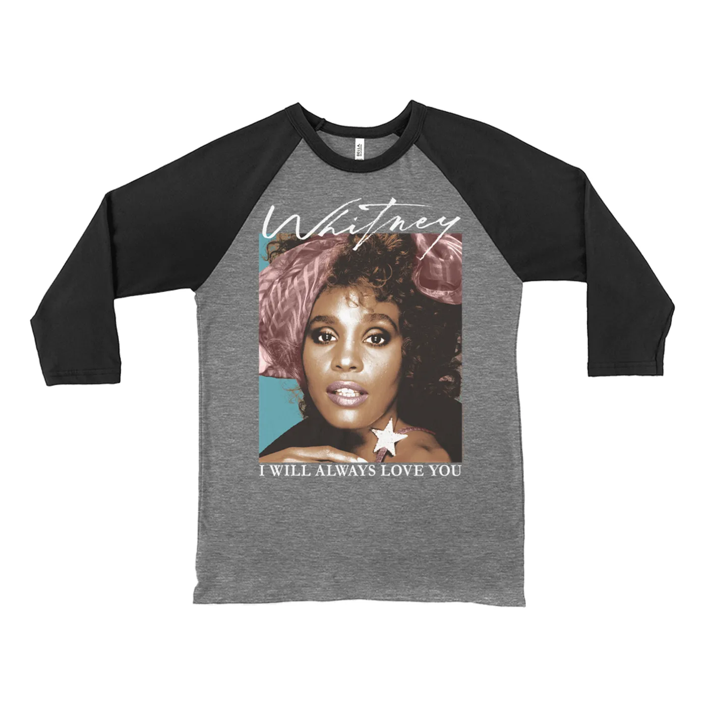 Whitney Houston 3/4 Sleeve Baseball Tee | 1987 Whitney Pastel Image Distressed Whitney Houston Shirt