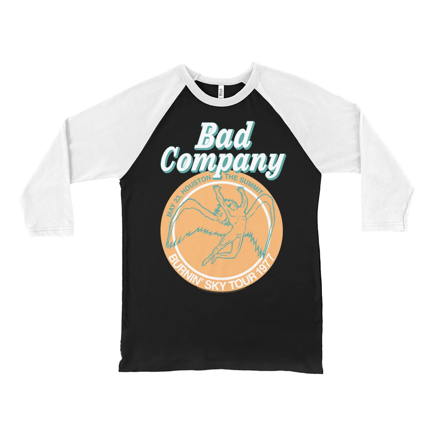 Bad Company 3/4 Sleeve Baseball Tee | Houston Burnin' Sky Tour 1977 Concert Bad Company Shirt