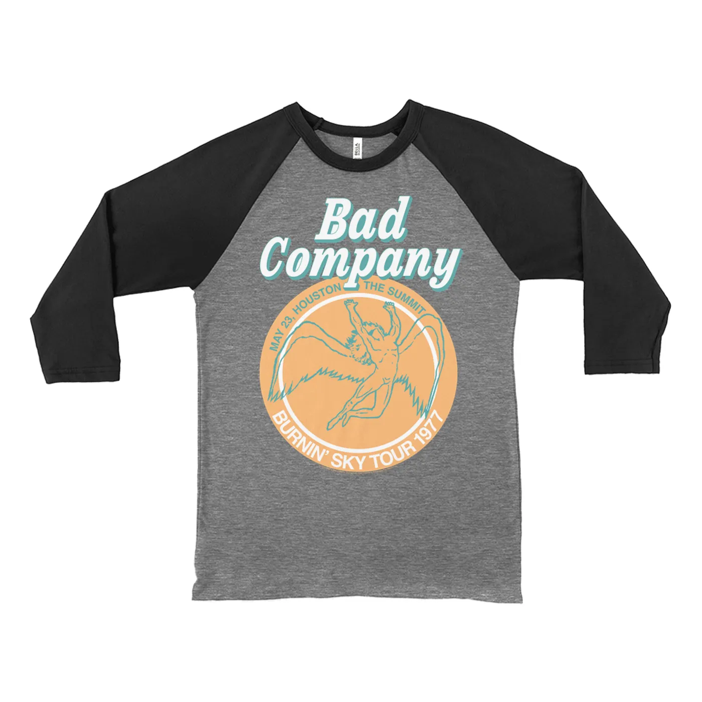 Bad Company 3/4 Sleeve Baseball Tee | Houston Burnin' Sky Tour 1977 Concert Bad Company Shirt