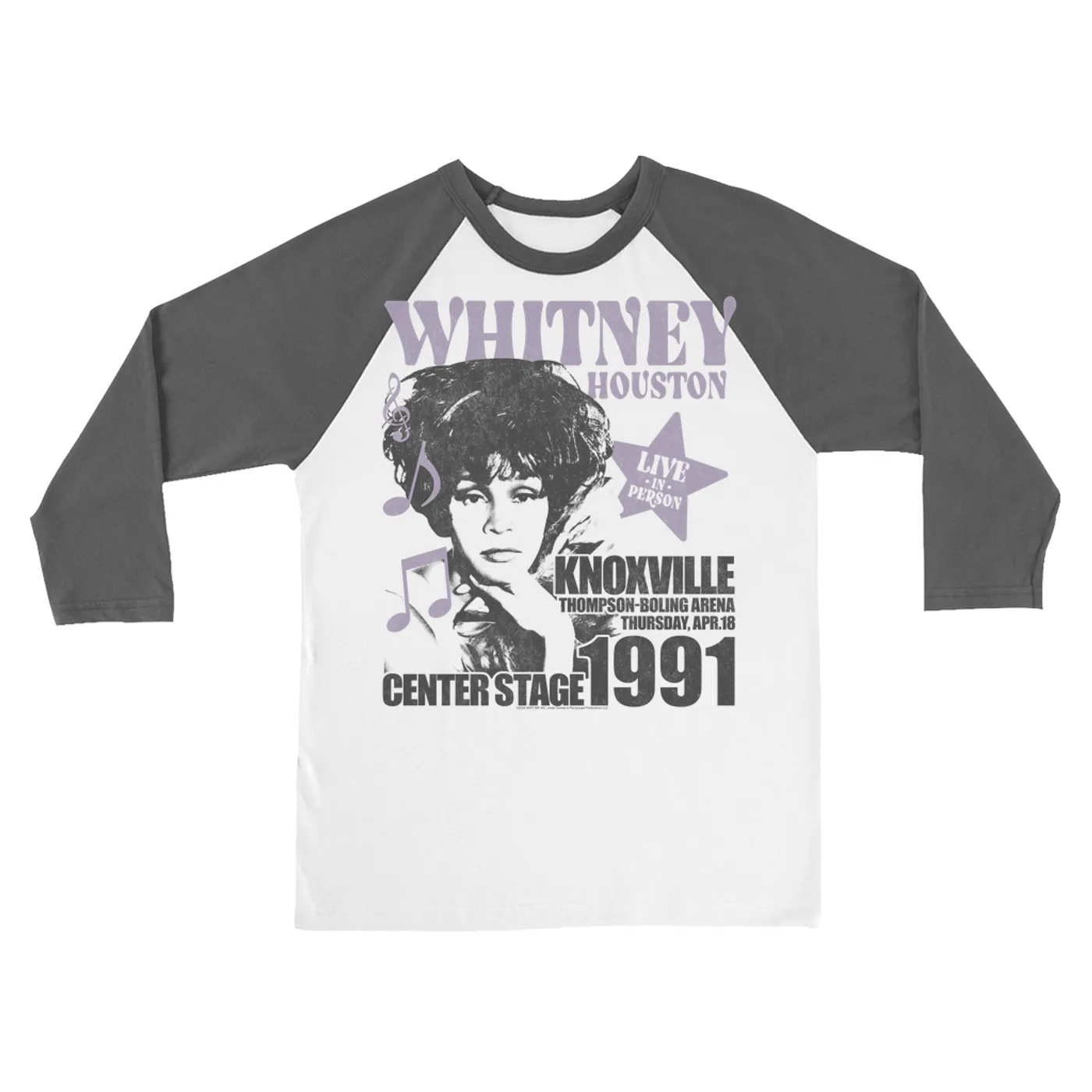 Whitney Houston 3/4 Sleeve Baseball Tee | Knoxville 1991 Concert Distressed (Merchbar Exclusive) Whitney Houston Shirt