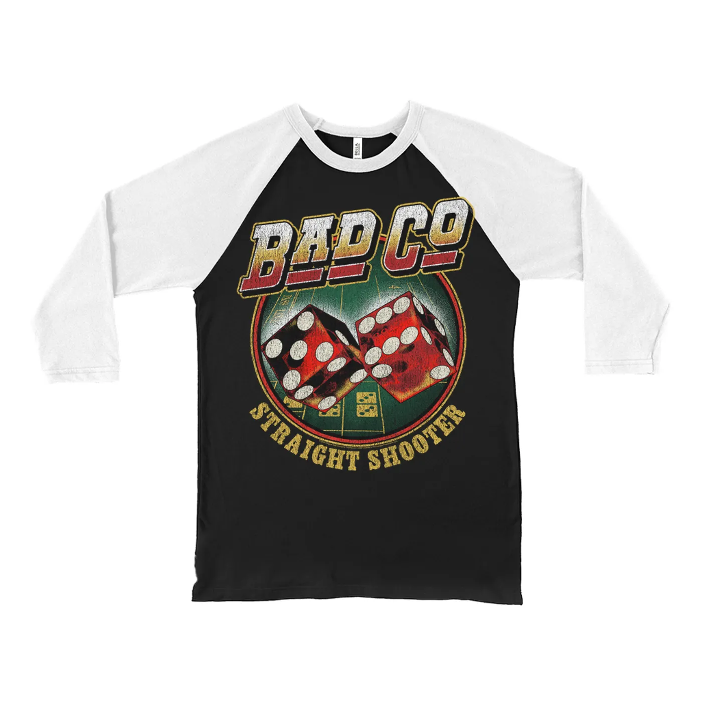 Bad Company 3/4 Sleeve Baseball Tee | Straight Shooter Dice Design Distressed Bad Company Shirt