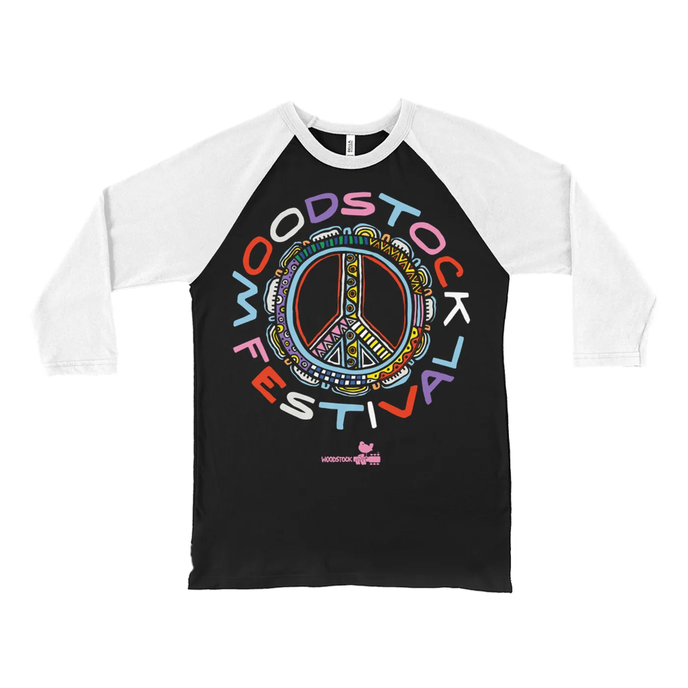 Woodstock 3/4 Sleeve Baseball Tee | Festival Colorful Multi-Pattern Image Woodstock Shirt