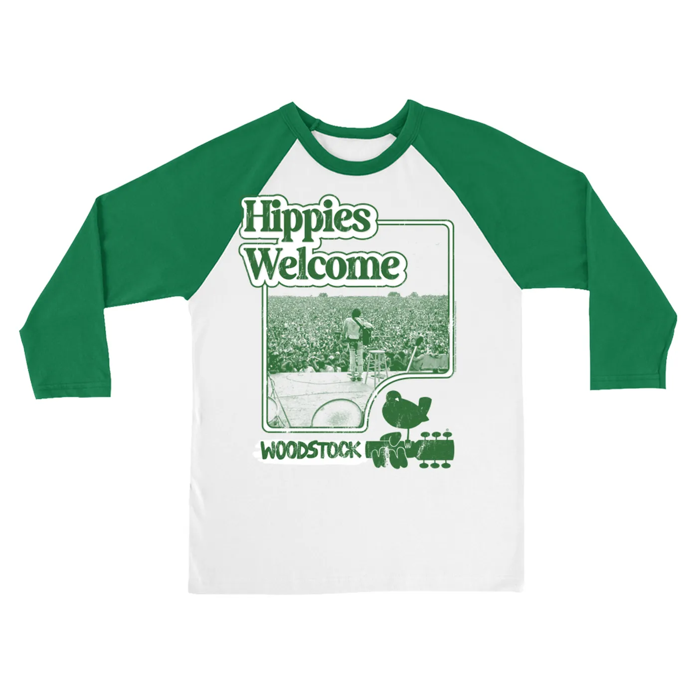 Woodstock 3/4 Sleeve Baseball Tee | Hippies Welcome From The Stage Distressed Woodstock Shirt