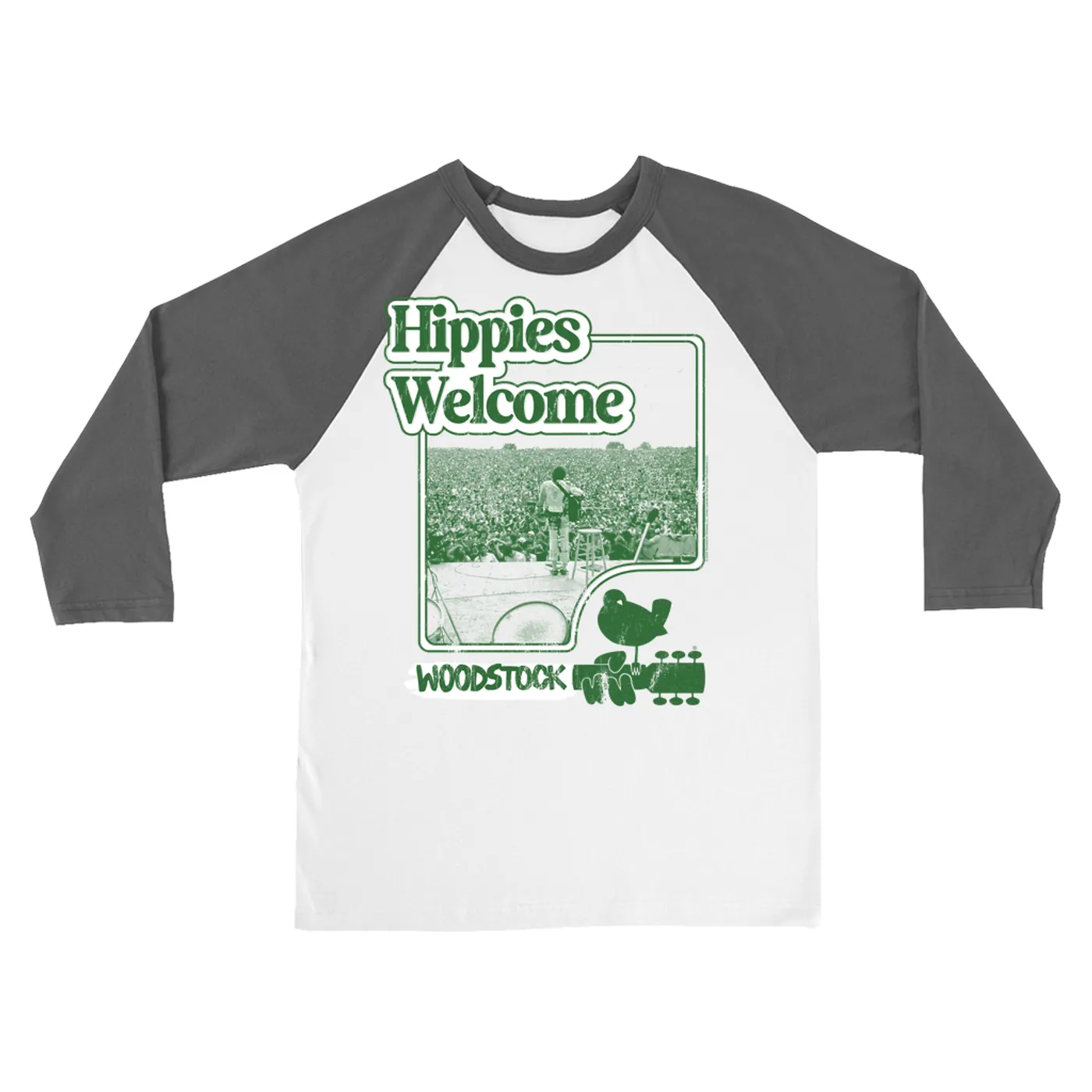Woodstock 3/4 Sleeve Baseball Tee | Hippies Welcome From The Stage Distressed Woodstock Shirt