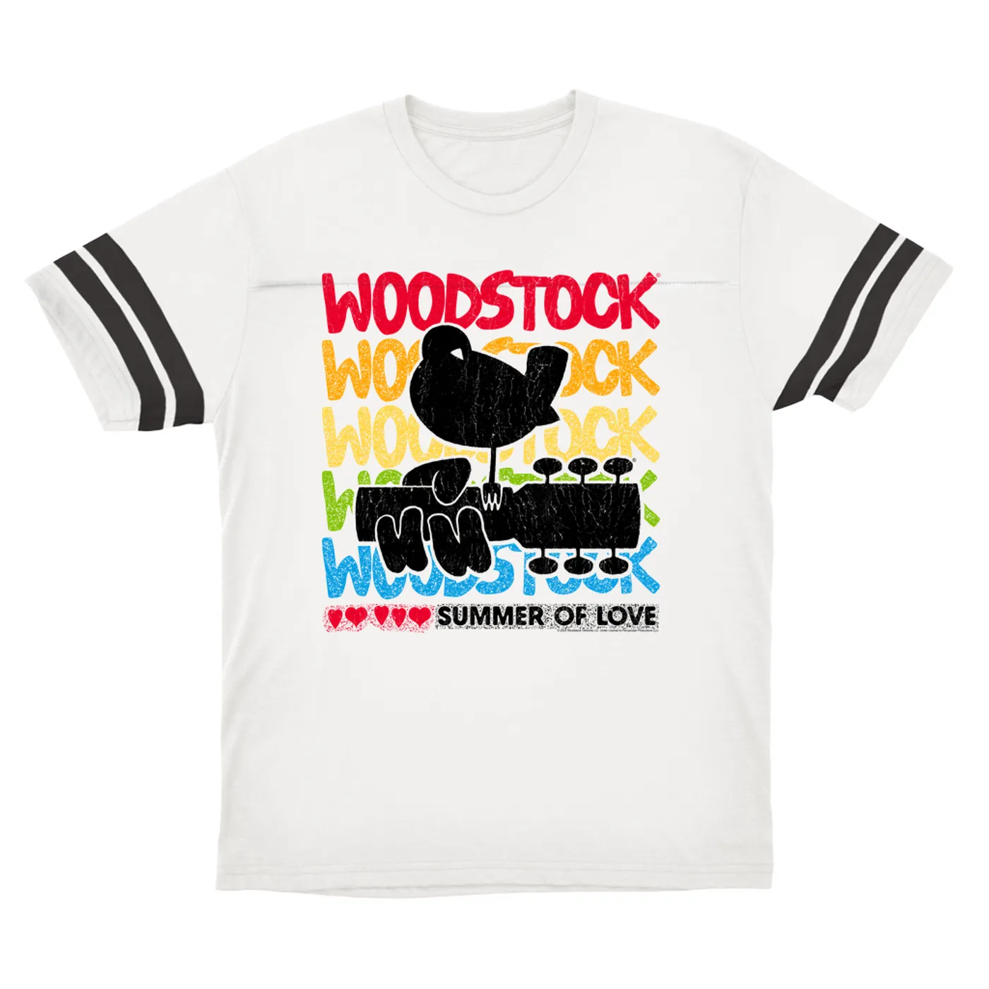 Woodstock T-Shirt | Rainbow Ombre Summer Of Love Image Distressed Woodstock Football Shirt