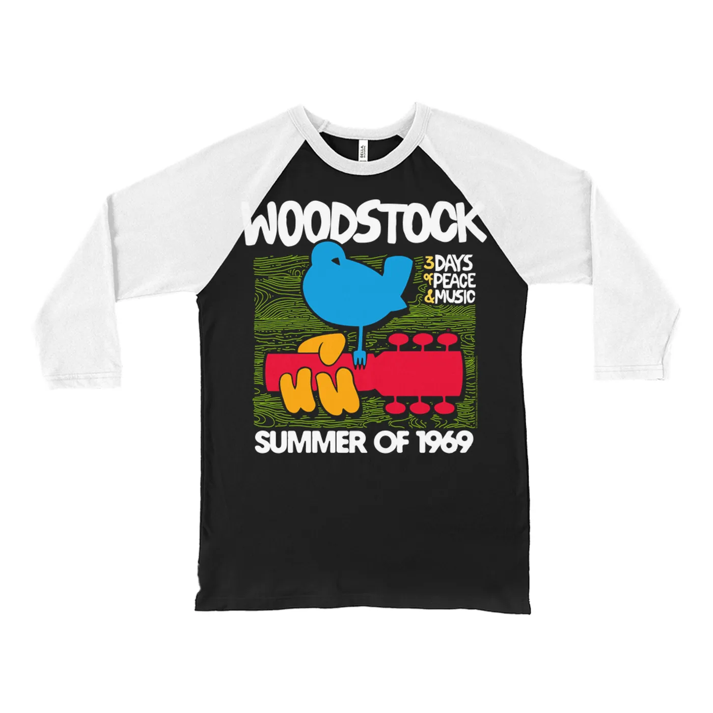 Woodstock 3/4 Sleeve Baseball Tee | Summer Of 1969 Wood Grain Image Woodstock Shirt