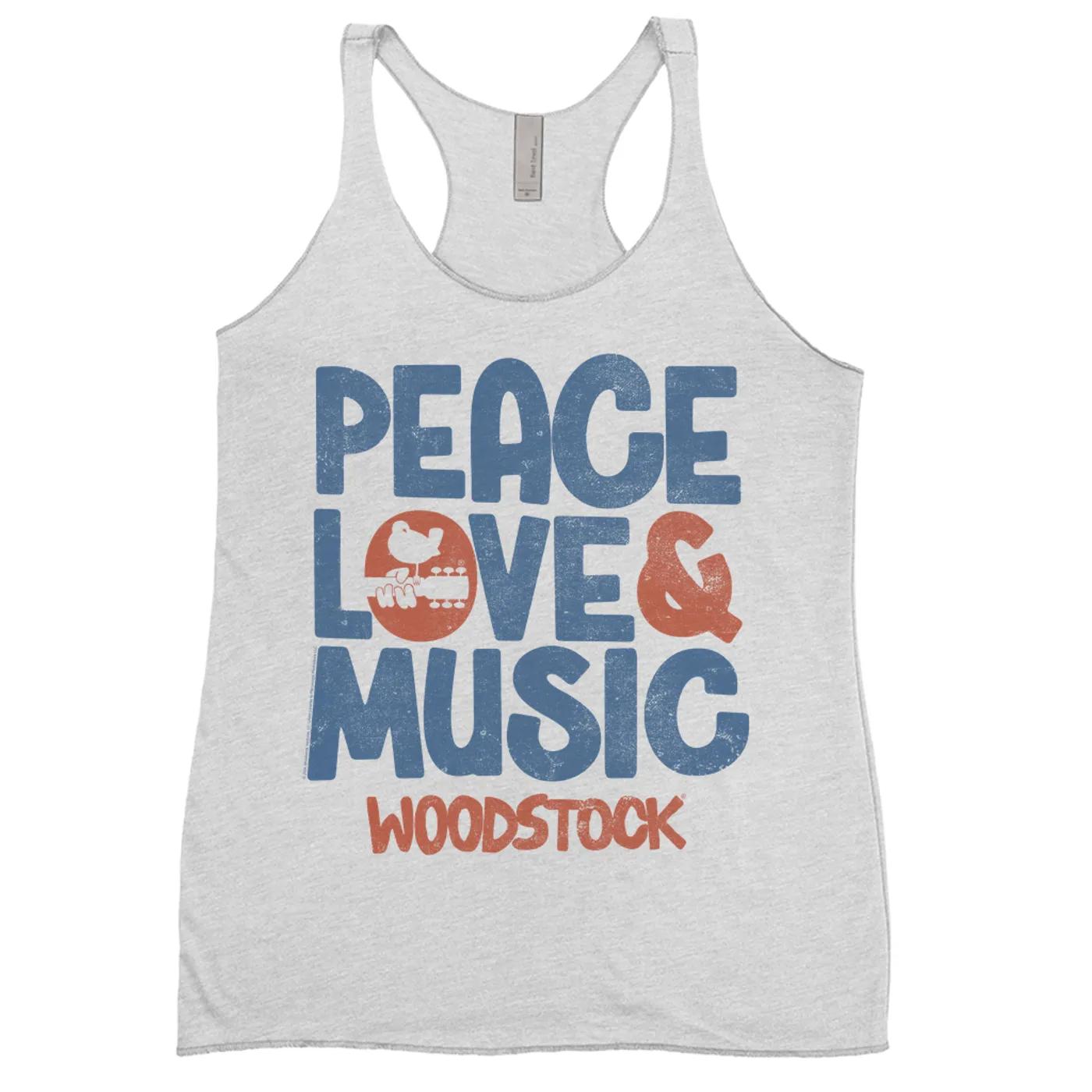 Woodstock Ladies' Tank Top | Navy And Rust Peace Love Music Image Distressed Woodstock Shirt