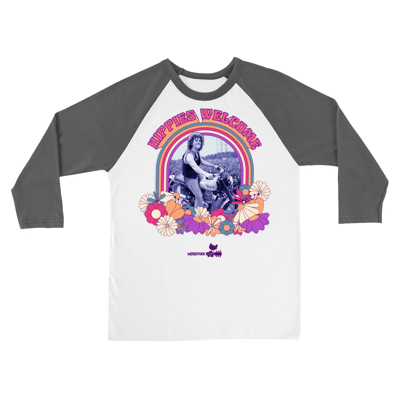 Woodstock 3/4 Sleeve Baseball Tee | Hippies Welcome Retro BIker Photo Design Woodstock Shirt