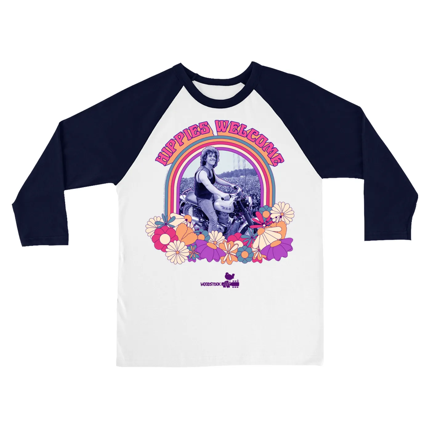 Woodstock 3/4 Sleeve Baseball Tee | Hippies Welcome Retro BIker Photo Design Woodstock Shirt