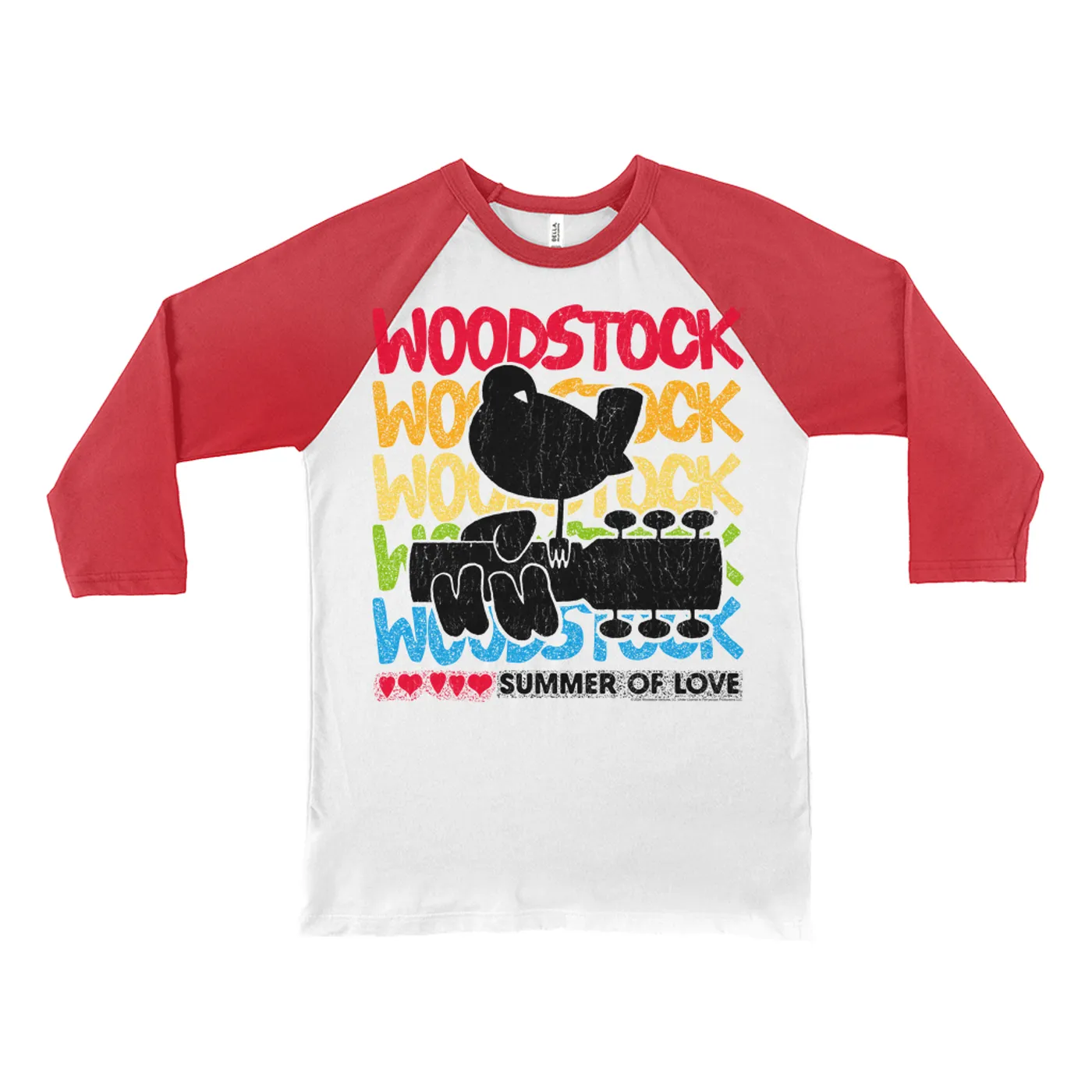 Woodstock 3/4 Sleeve Baseball Tee | Rainbow Ombre Summer Of Love Image Distressed Woodstock Shirt