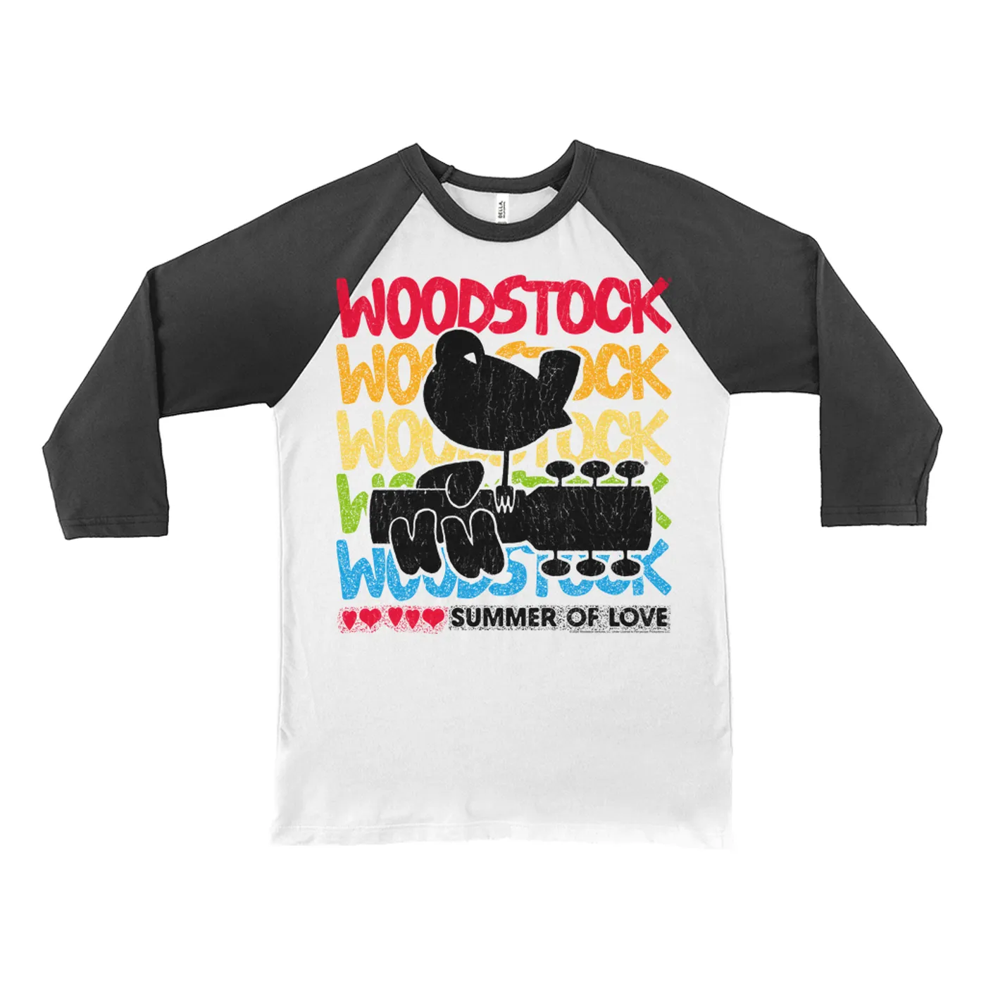 Woodstock 3/4 Sleeve Baseball Tee | Rainbow Ombre Summer Of Love Image Distressed Woodstock Shirt
