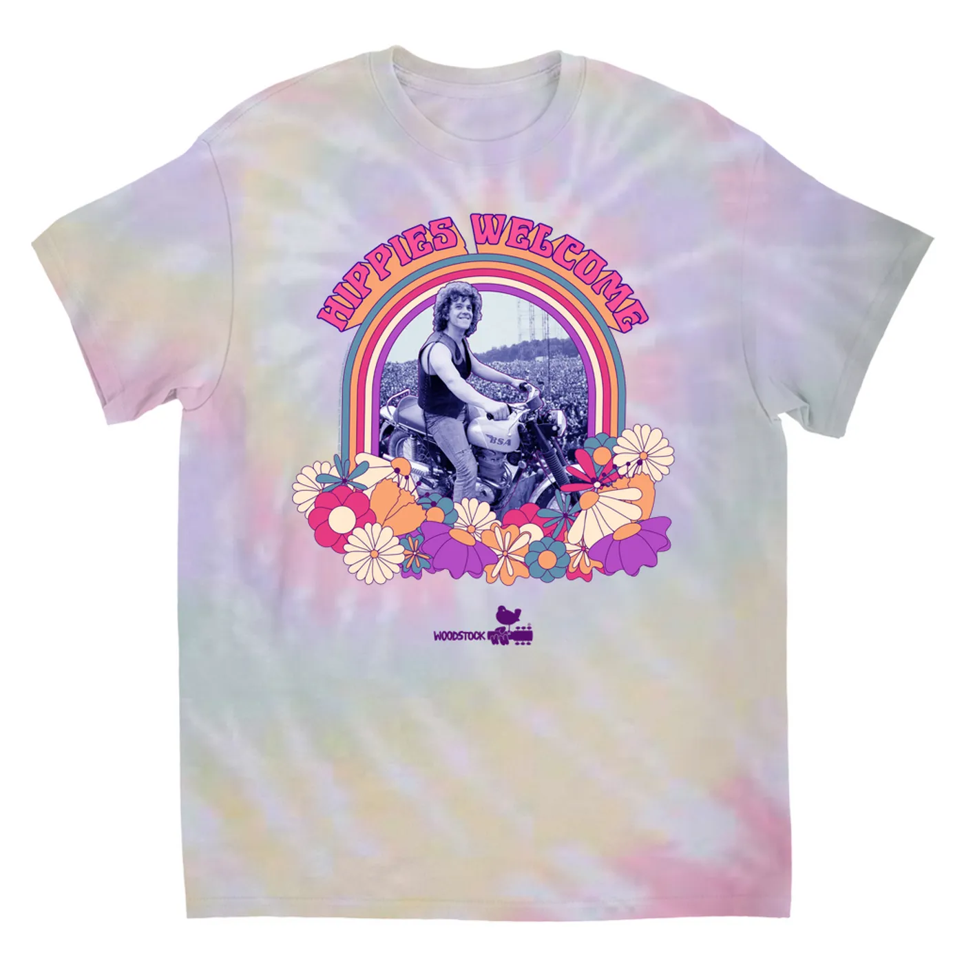 Woodstock T-Shirt | Hippies Welcome Retro BIker Photo Design Woodstock Tie Dye Shirt