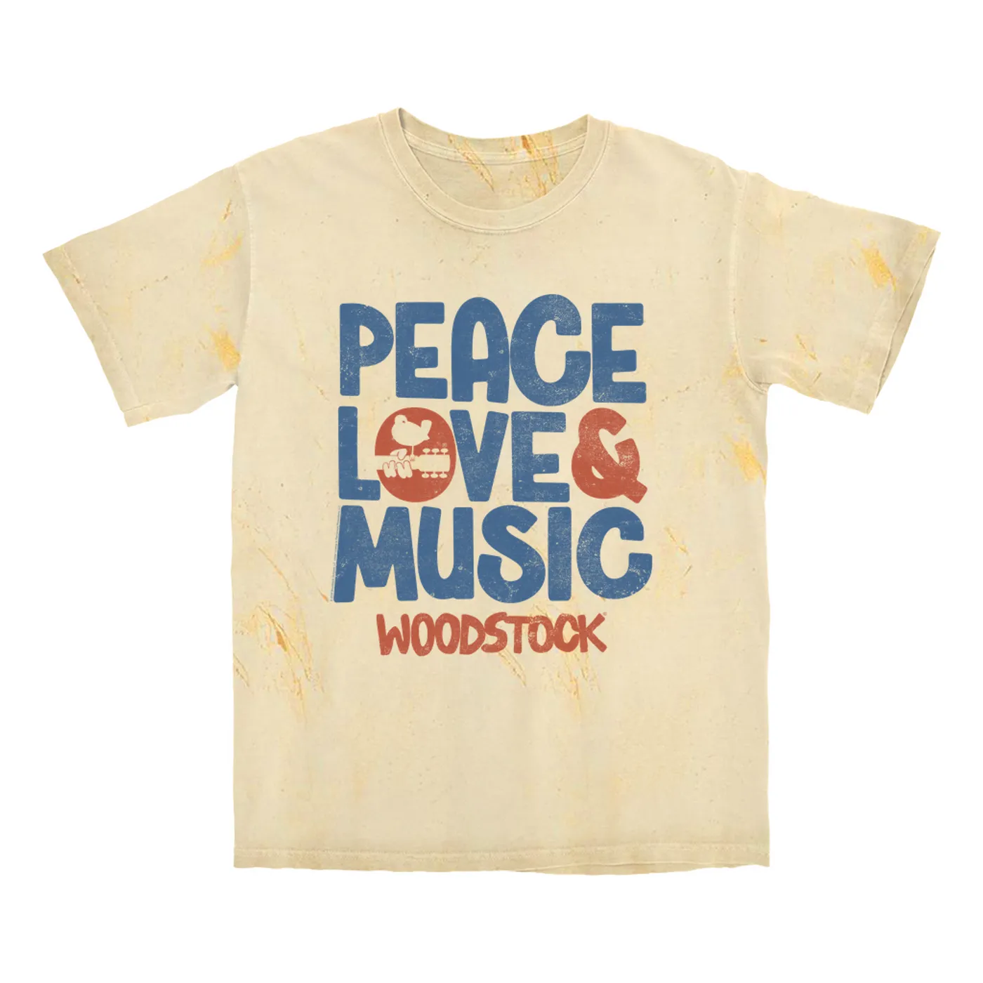 Woodstock T-shirt | Navy And Rust Peace Love Music Image Distressed Woodstock Color Blast Shirt