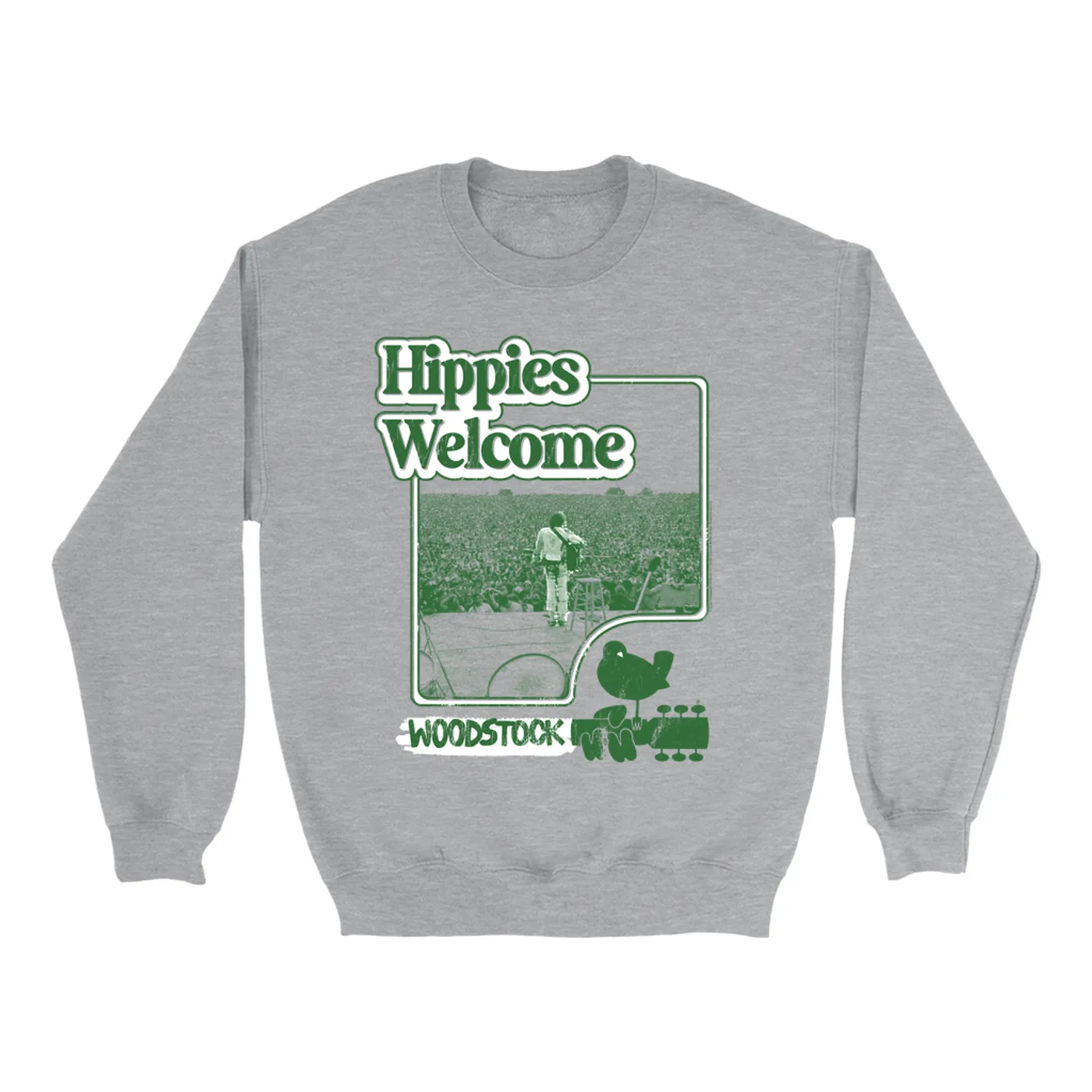 Woodstock Sweatshirt | Hippies Welcome From The Stage Distressed Woodstock Sweatshirt