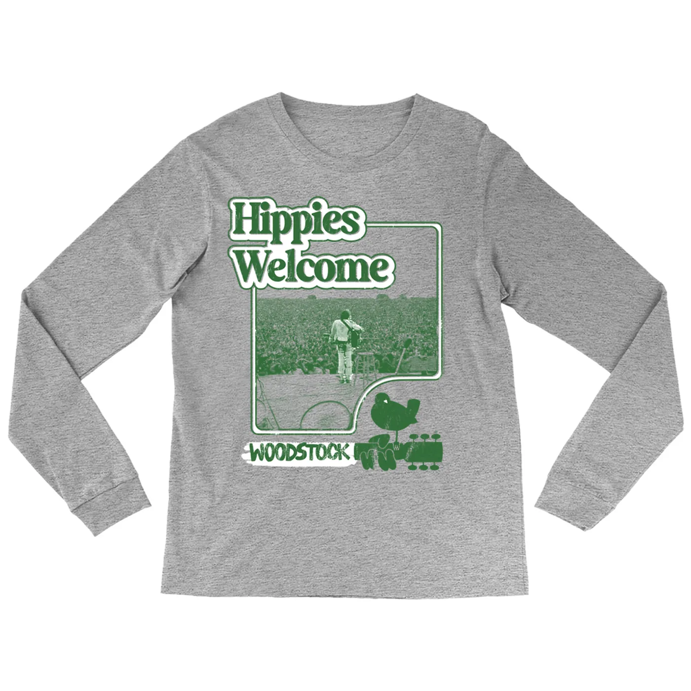 Woodstock Long Sleeve Shirt | Hippies Welcome From The Stage Distressed Woodstock Shirt