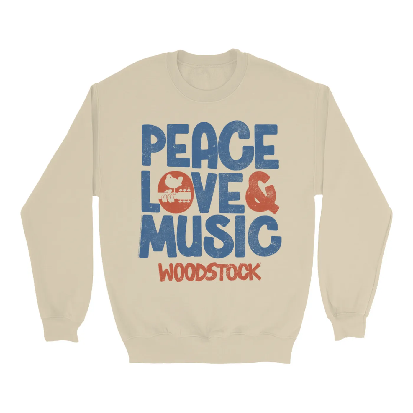 Woodstock Sweatshirt | Navy And Rust Peace Love Music Image Distressed Woodstock Sweatshirt