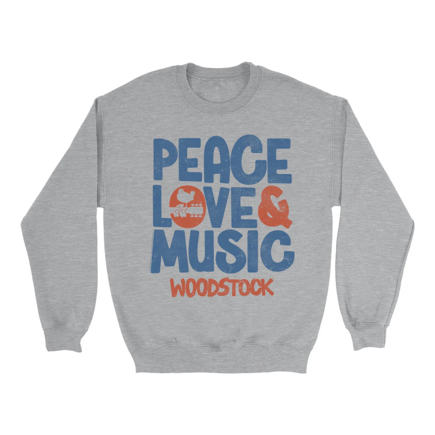 Woodstock Sweatshirt | Navy And Rust Peace Love Music Image Distressed Woodstock Sweatshirt