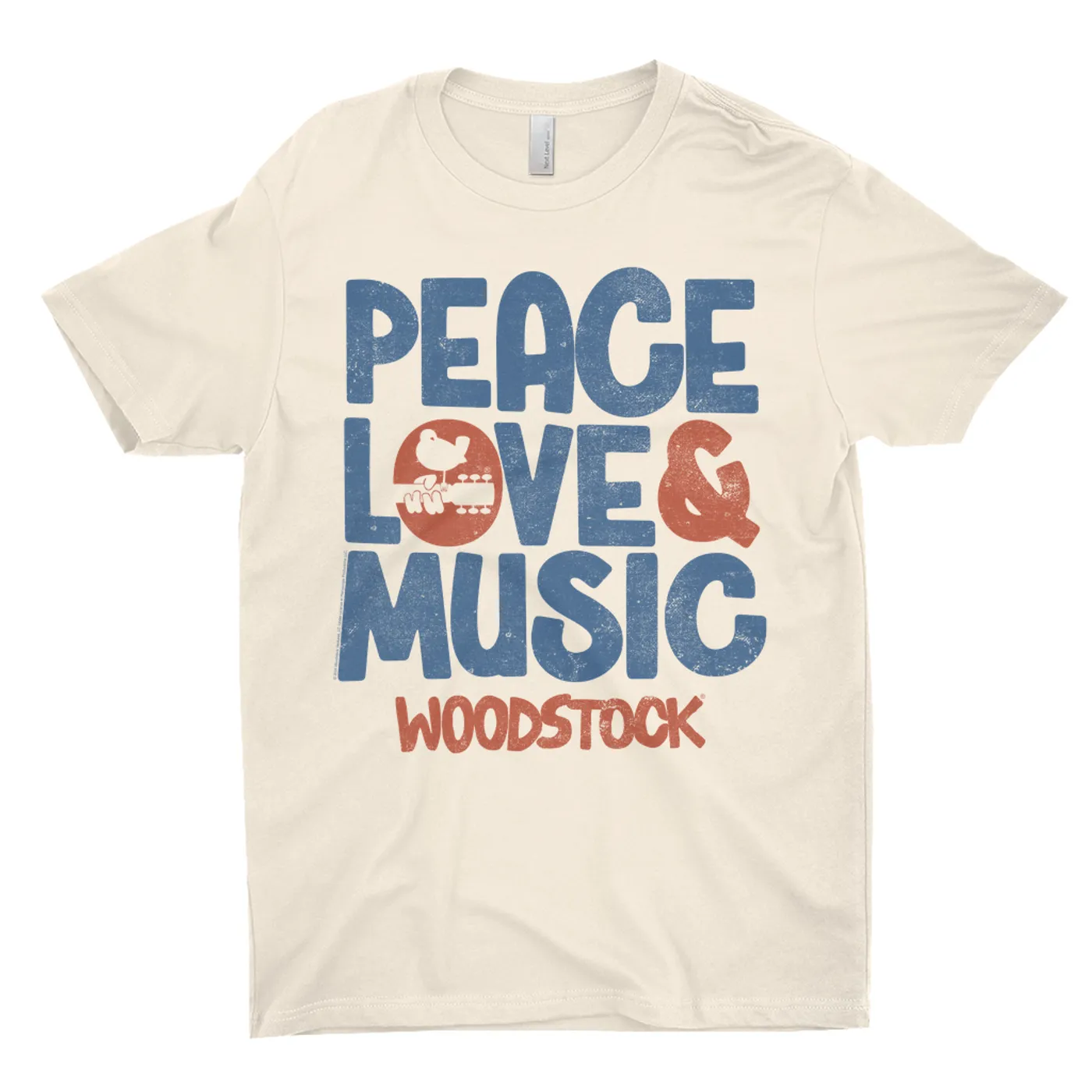 Woodstock T-Shirt | Navy And Rust Peace Love Music Image Distressed Woodstock Light Shirt