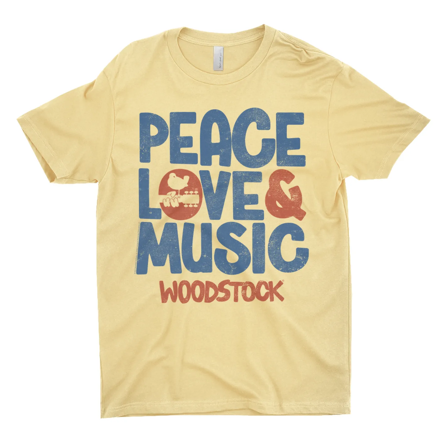 Woodstock T-Shirt | Navy And Rust Peace Love Music Image Distressed Woodstock Light Shirt