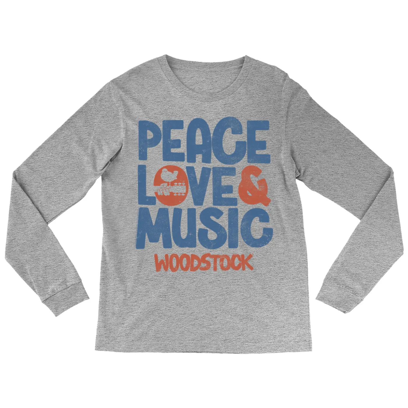 Woodstock Long Sleeve Shirt | Navy And Rust Peace Love Music Image Distressed Woodstock Shirt