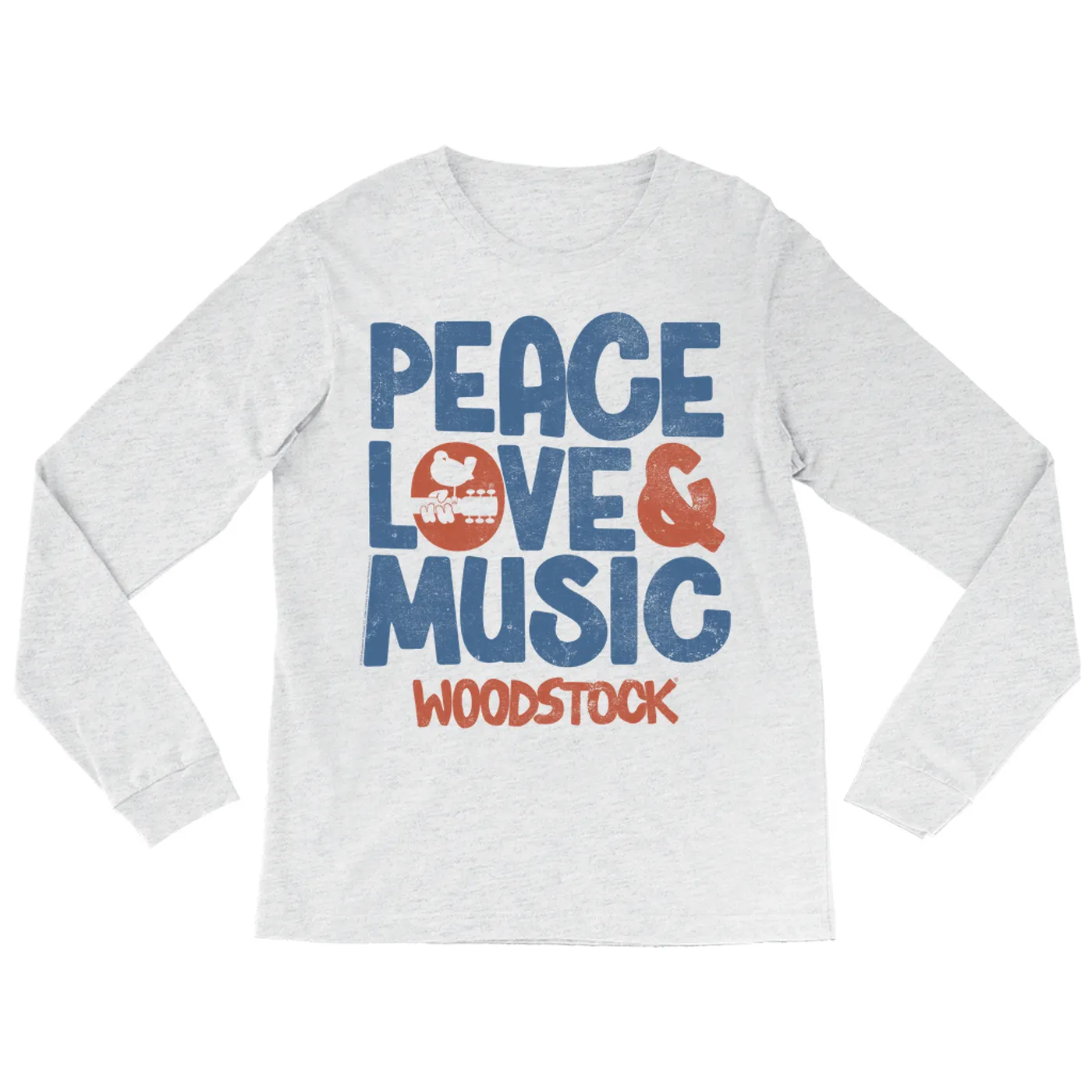 Woodstock Long Sleeve Shirt | Navy And Rust Peace Love Music Image Distressed Woodstock Shirt