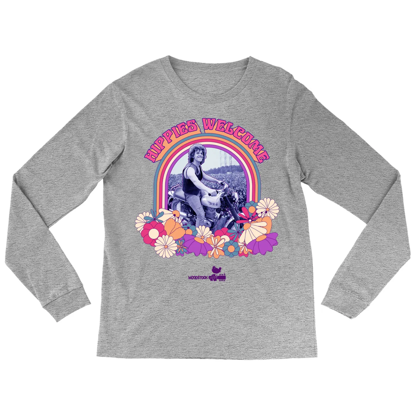 Woodstock Long Sleeve Shirt | Hippies Welcome Retro BIker Photo Design Woodstock Shirt